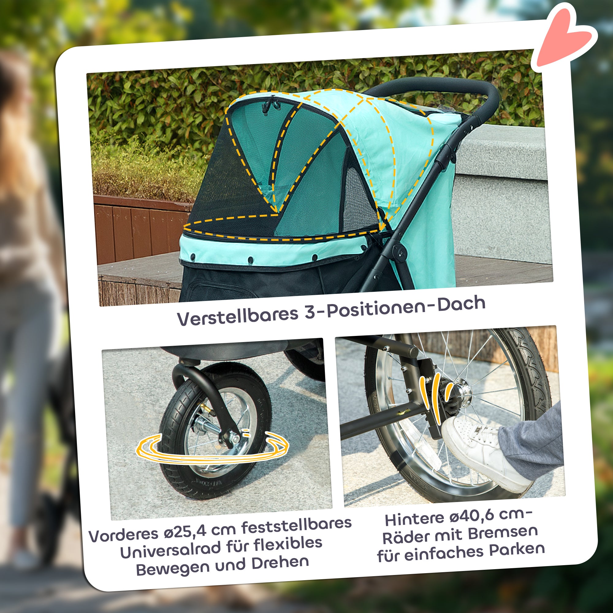 PawHut Hundebuggy, Haustierwagen für kleine Hunde und Katzen, mit Aufbewahrungskorb, Ein-Klick-Faltdesign, Türkis