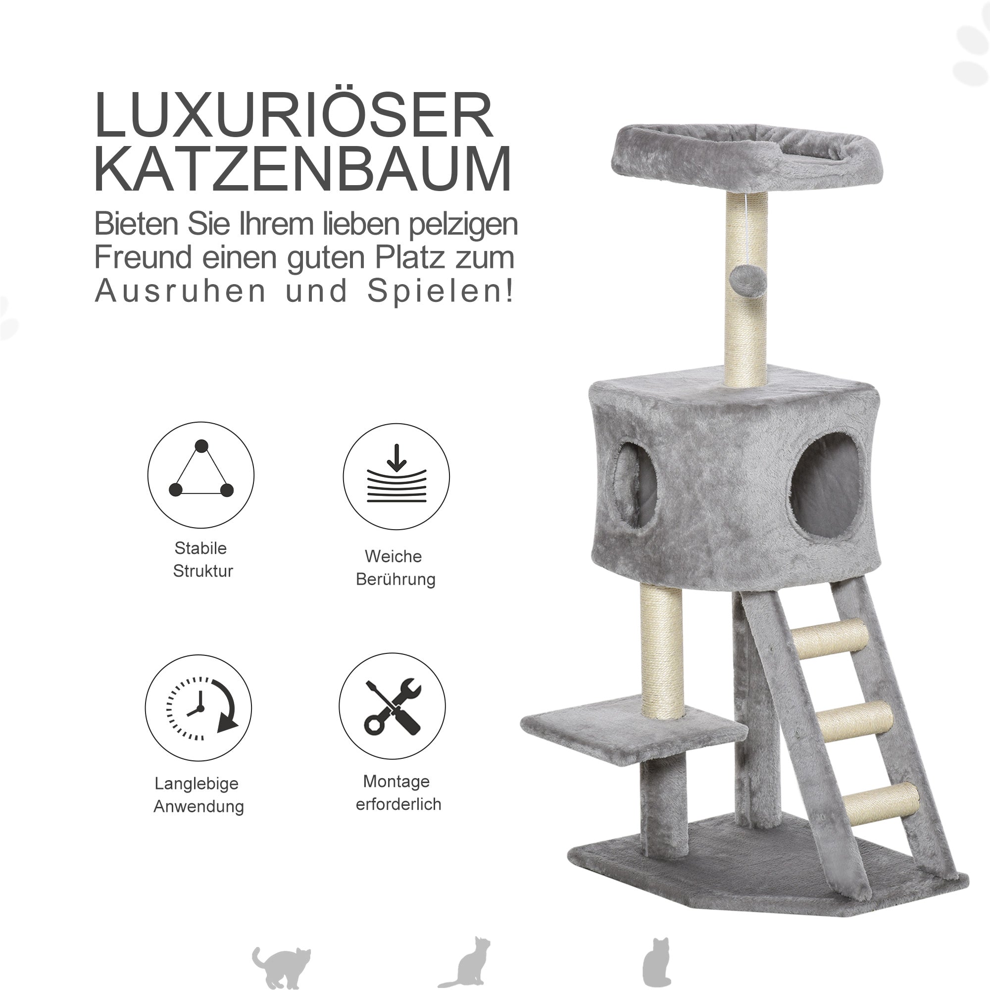 PawHut Kratzbaum 120 cm Katzenturm mit Höhle, Spielball, Sisalstämme, Plattform, Treppe, mehrstöckiger Katzenkratzbaum, Kletterbaum für Katzen, Hellgrau