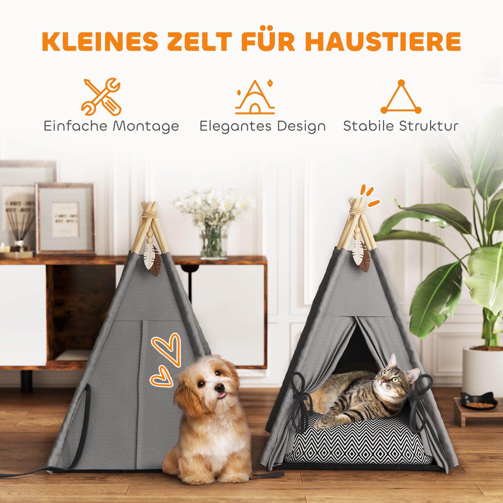 PawHut Tipi-Zelt für Haustiere, Tierbett im Tipi-Design, Katzenzelt mit Kissen, Hundebett zum Schlafen, Katzenbett, Grau