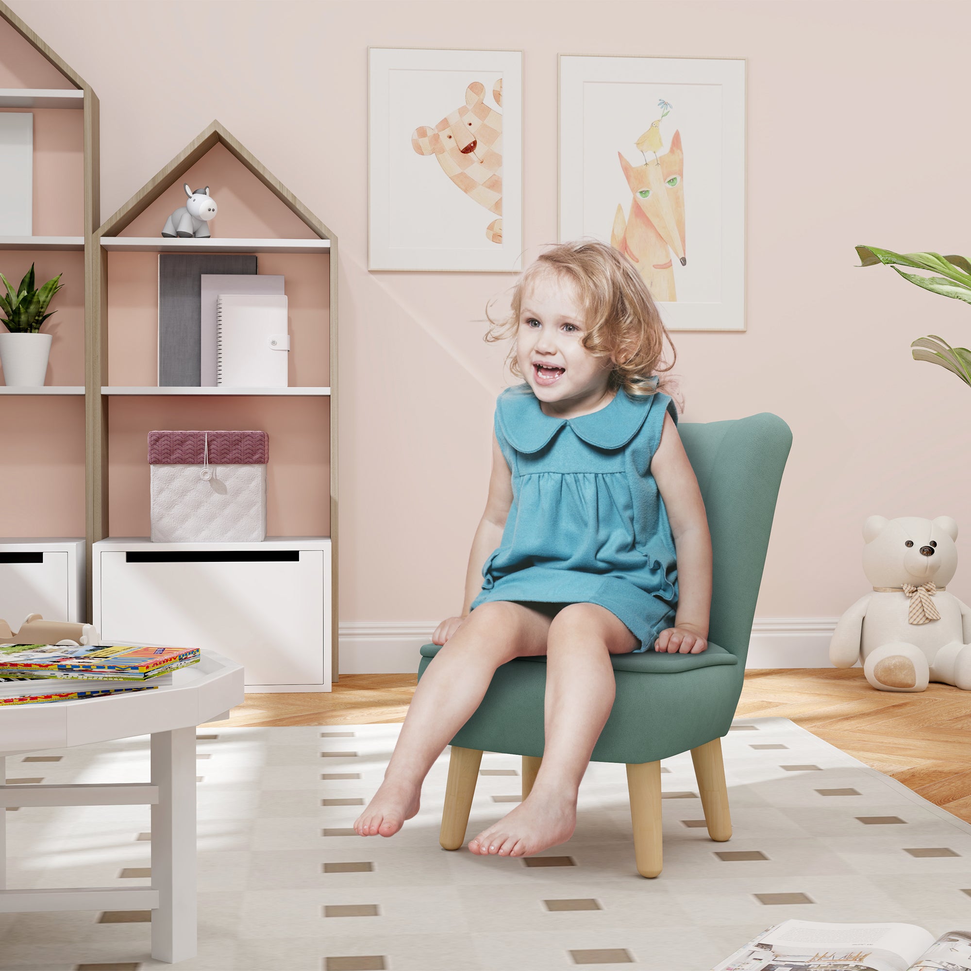 AIYAPLAY Kindersessel, Samtoptik, für 3-7 Jahre, bis 45 kg, Holzgestell, 44x45x56,5cm, Hellblau