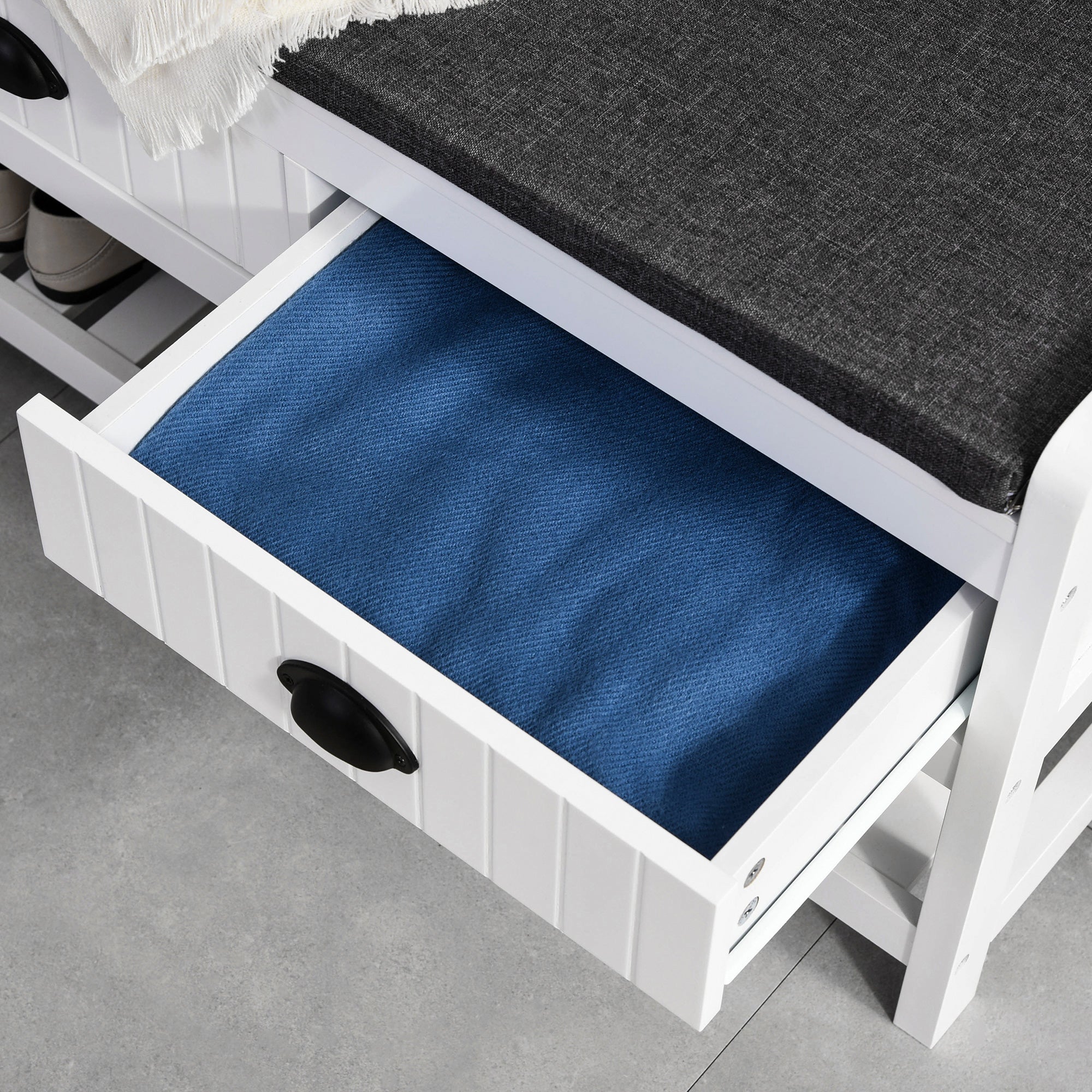 HOMCOM Garderobenständer mit Haken, Garderobe mit Schuhbank, für Eingangsbereich, Flur, Metall, MDF, Weiß+Grau