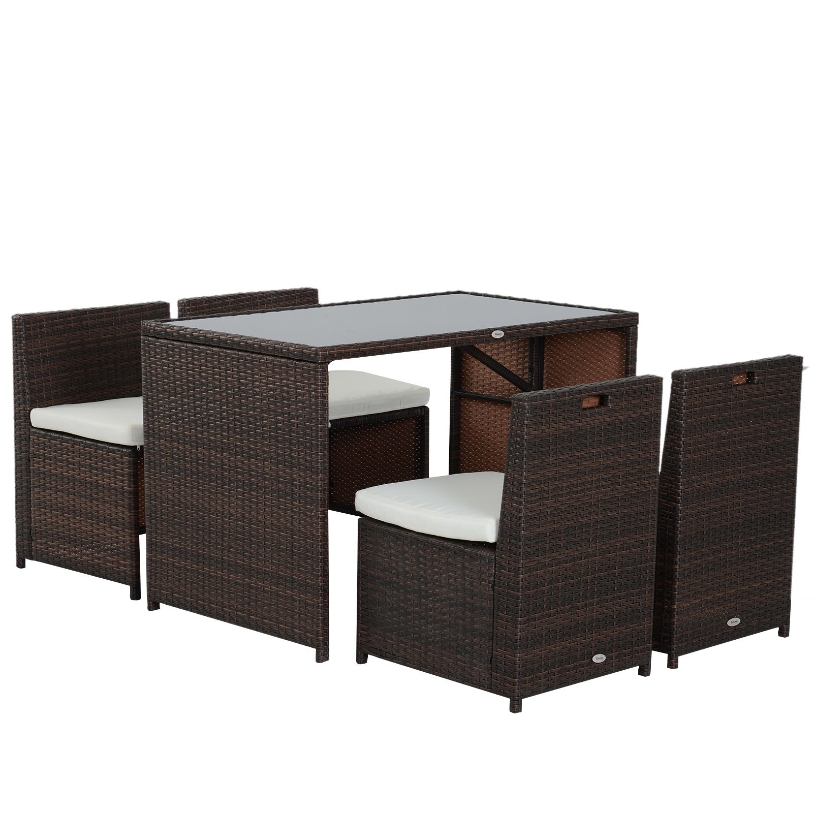 Outsunny 5-teiliges Polyrattan Gartenmöbel-Set, wetterfest Balkonmöbel für 4 Personen Terrassenmöbel mit Tisch 4 Stühle Kissen, Lounge-Set Essgruppe Sitzgruppe für Balkon, Garten, Braun+Khaki