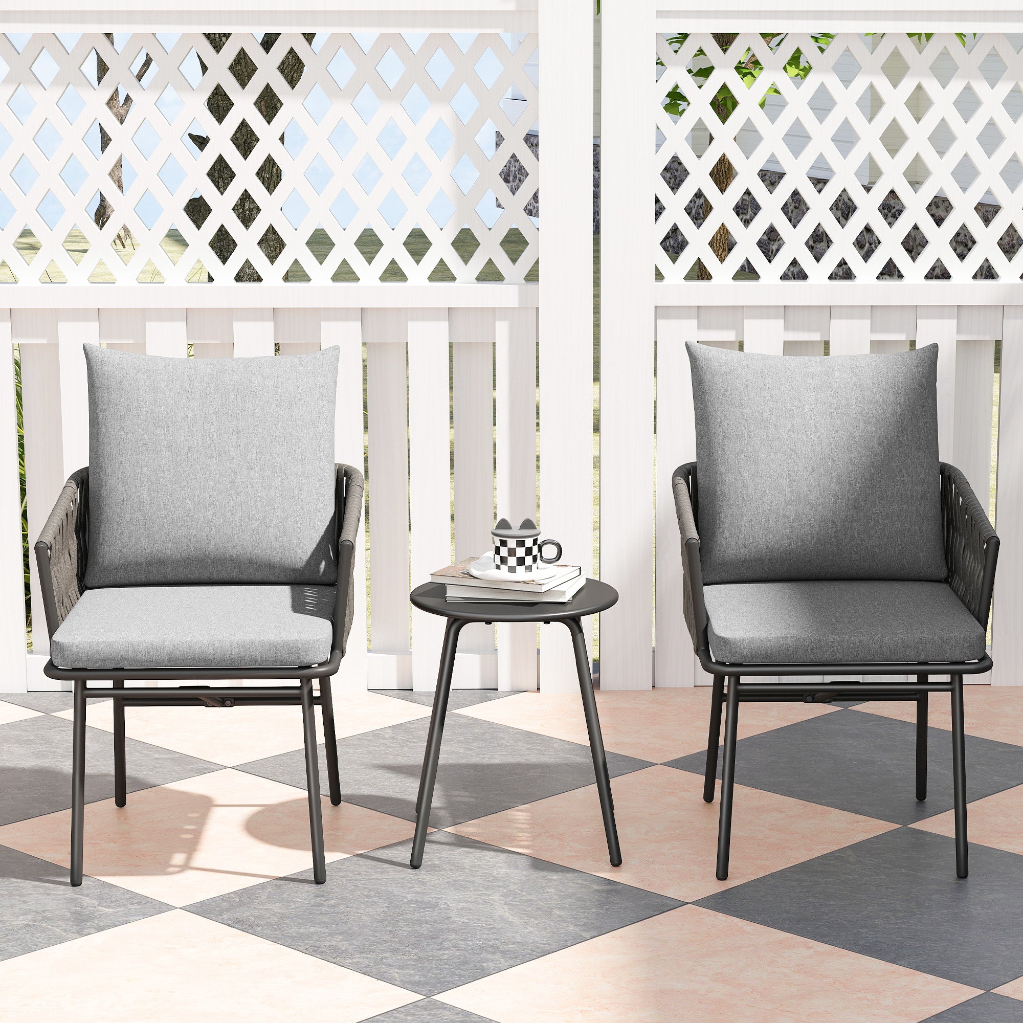 Outsunny 3-teiliges Außenmöbel-Set, 2 Stühle, 1 Tisch, Bistro-Set, Kunst-Rattan, Stahlrahmen, Metalltisch, 4 Kissen, Grau