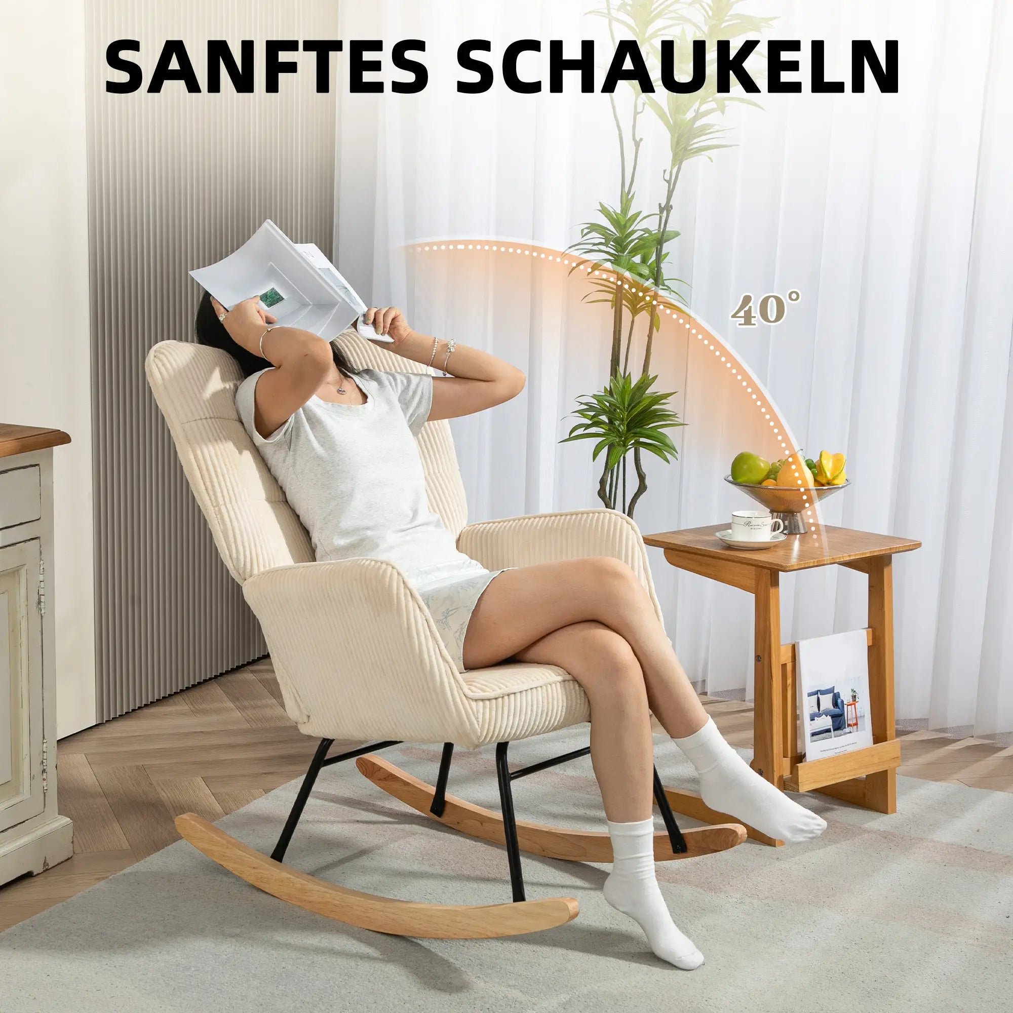 HOMCOM Schaukelstuhl mit Kordoptik & Holzkufen – Beige