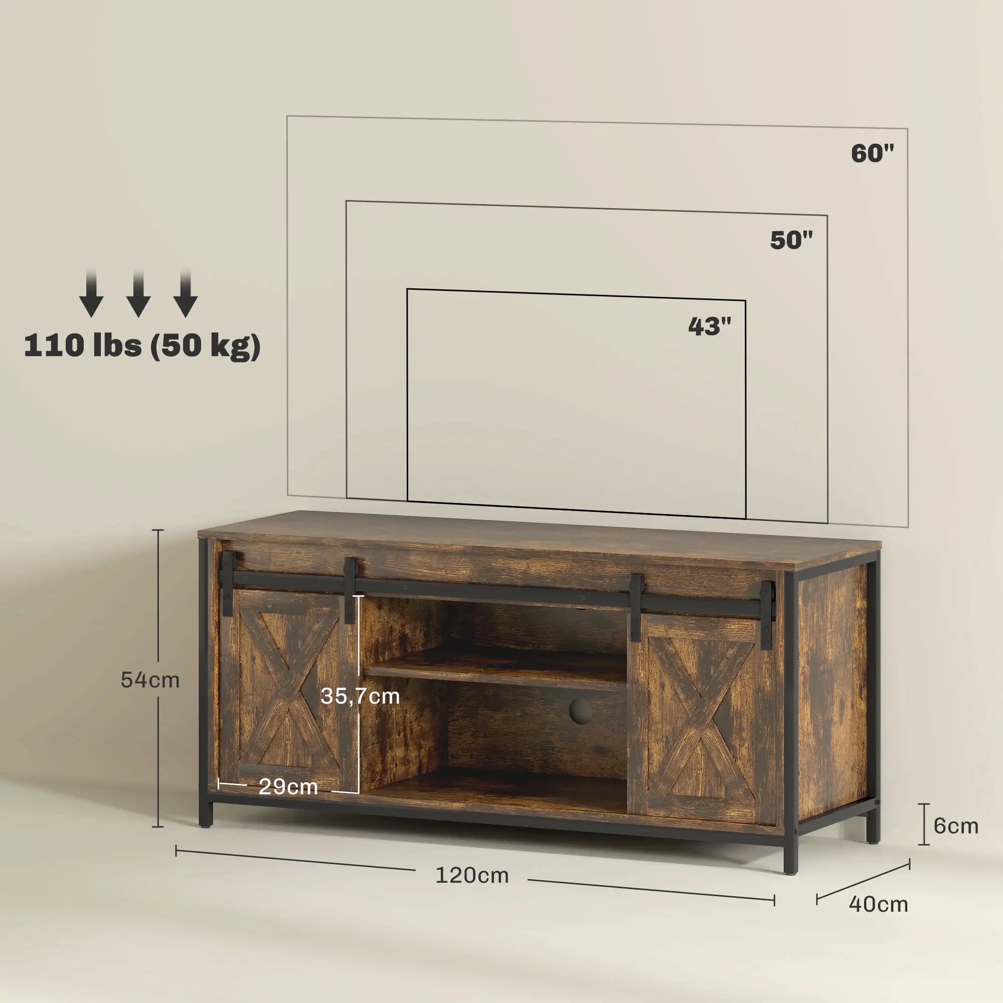 HOMCOM TV Lowboard, Industrial Design, für 60'' TVs, 6 Fächer, 2 Schiebetüren, Braun/Schwarz