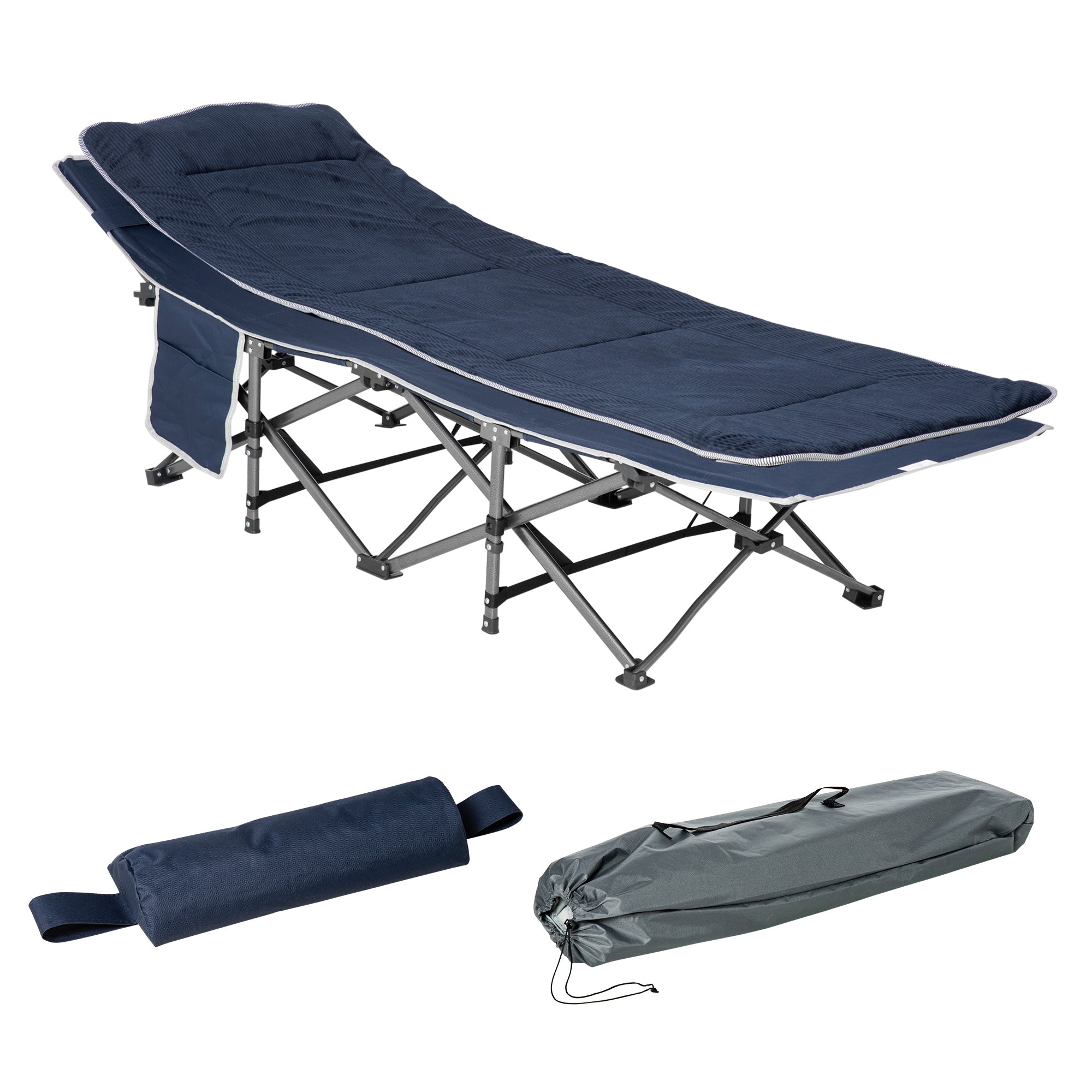Outsunny Campingbett, klappbares Feldbett mit Kopfkissen, 188 x 64,5 x 53 cm, Dunkelblau
