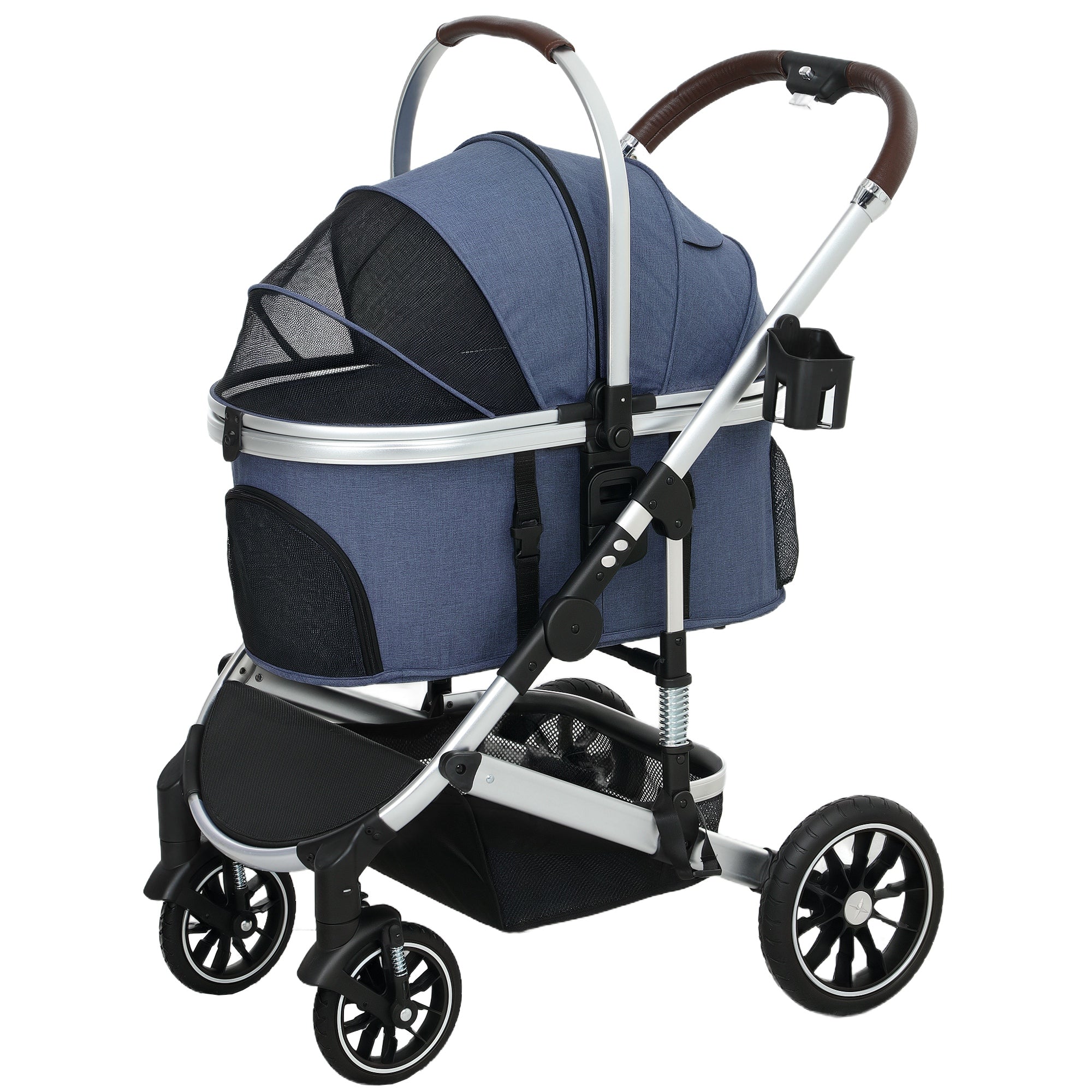PawHut Hundewagen 3 in 1 Hundebuggy klappbar für Katzen bis 10 kg Katzenbuggy mit Kissen Becherhalter Dunkelblau