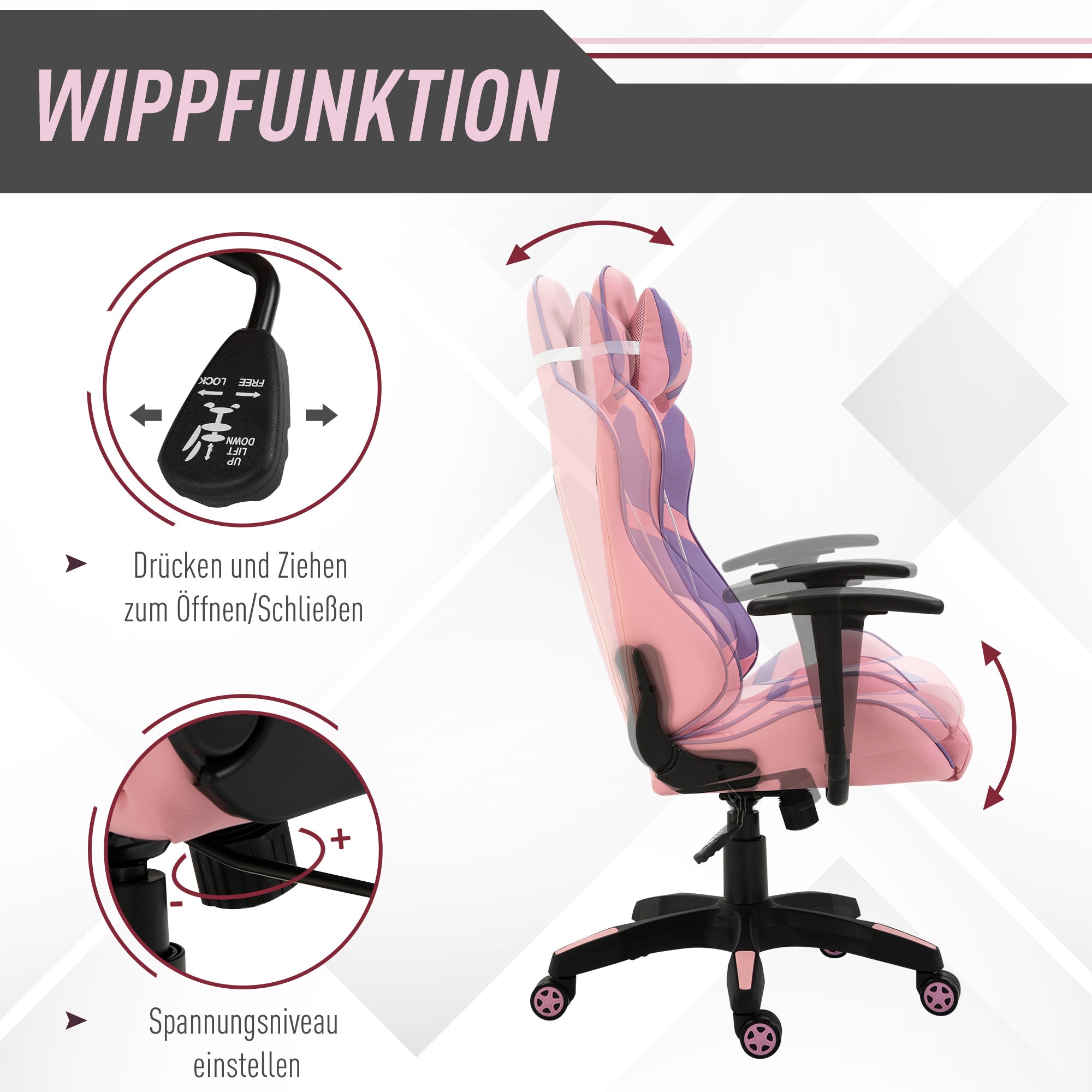 Vinsetto Ergonomischer Gaming Stuhl Bürostuhl Drehstuhl Verstellbares Massage Lendenkissen Höhenverstellbar Rosa&Violett 69x56x125,5 cm