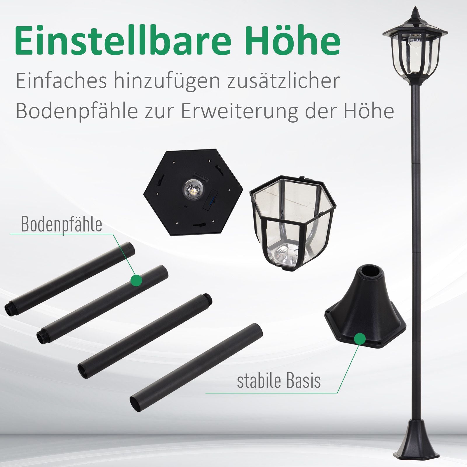 Outsunny Solar LED Gartenlaterne, Laterne aus Kunststoff, Außenleuchte für Innen und Außen 177 cm hoch, Gartenleuchte, 30/60 Lumen, für Garten Balkon Deko Schwarz