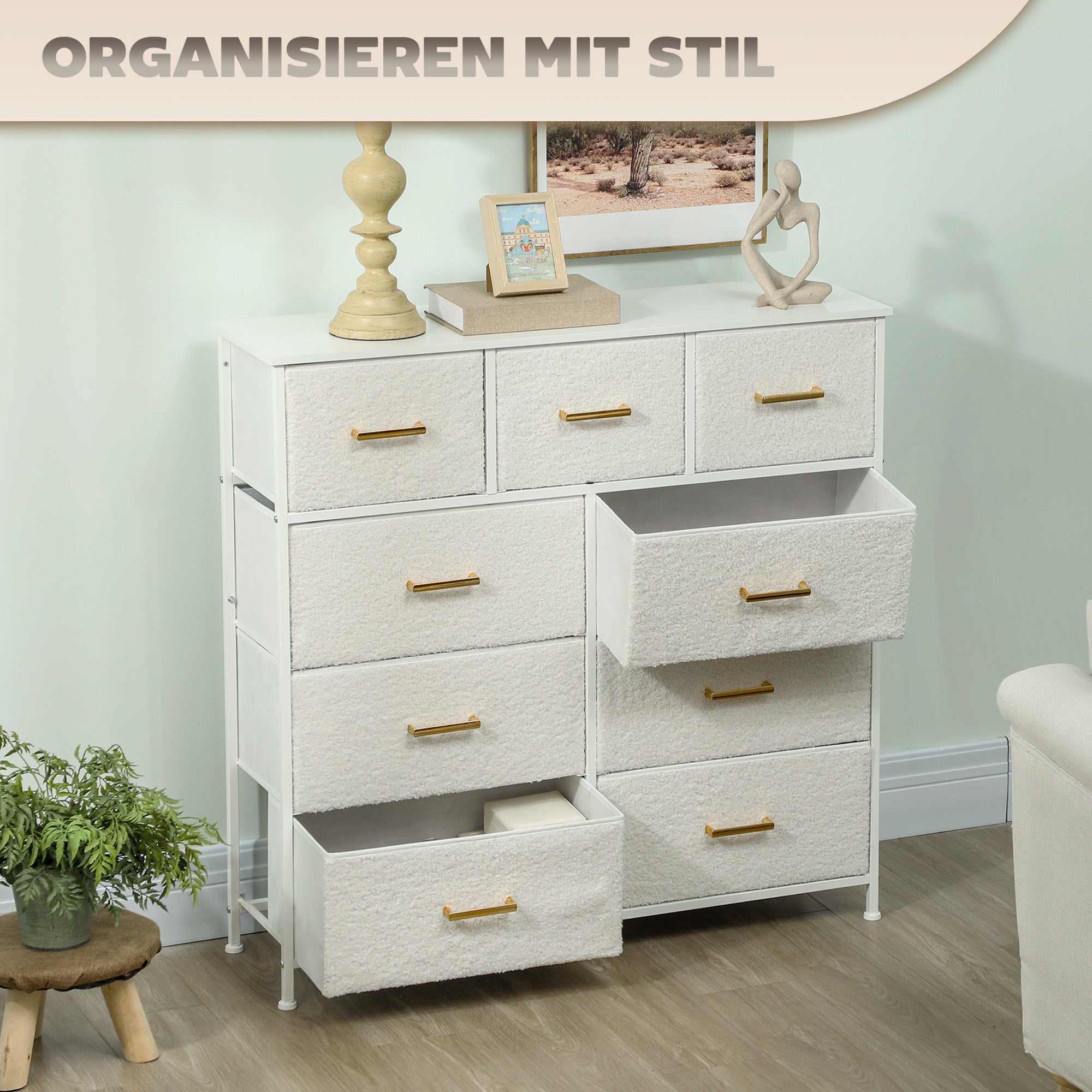 HOMCOM Stoffkommode, 9 Schubladen, Stahlrahmen, elegant, vielseitig, Weiß