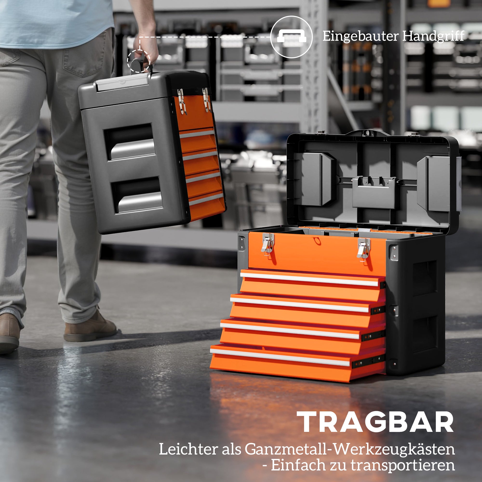 HOMCOM Werkzeugkiste leer, 49,7 x 25,3 x 40,7 cm Werkzeugkasten mit 4 Schubladen, Mini-Box Stahl Orange