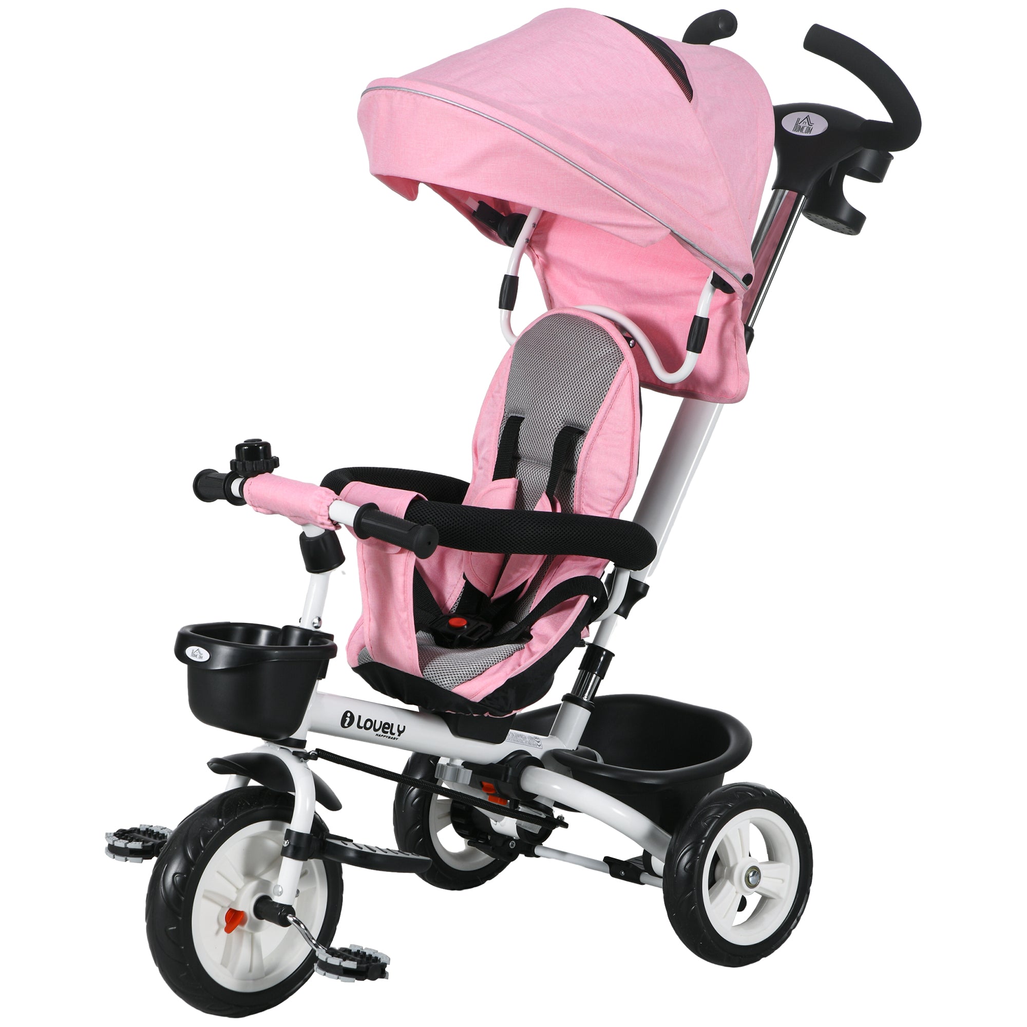 HOMCOM 6-in-1 Kinderdreirad mit Schiebestange, Dach, Gurt, Ablagekorb, 18+ Monate, Rosa