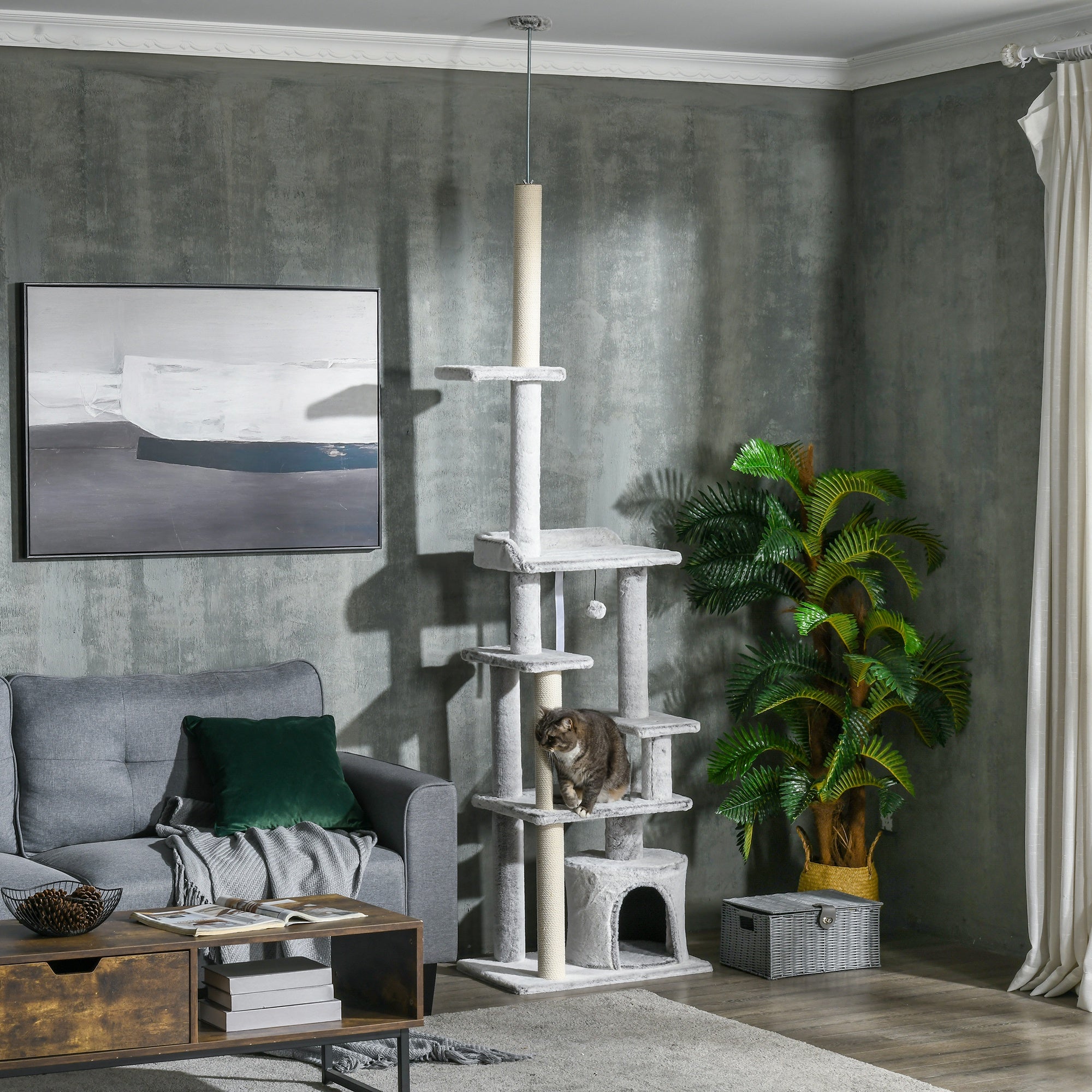 PawHut Deckenhoher Kratzbaum 225–255?cm Hellgrau mit Kippschutz