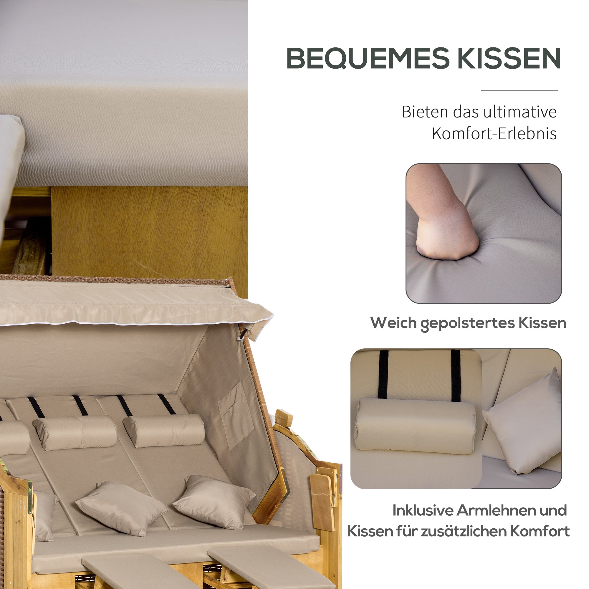 Outsunny Strandkorb 3-Sitzer Sonnenliege mit Dach 2 Klapptischen Fußstütze Chaiselongue 5-stufige Rückenlehne XXL Polyrattan Natur 150 x 79 x 160 cm