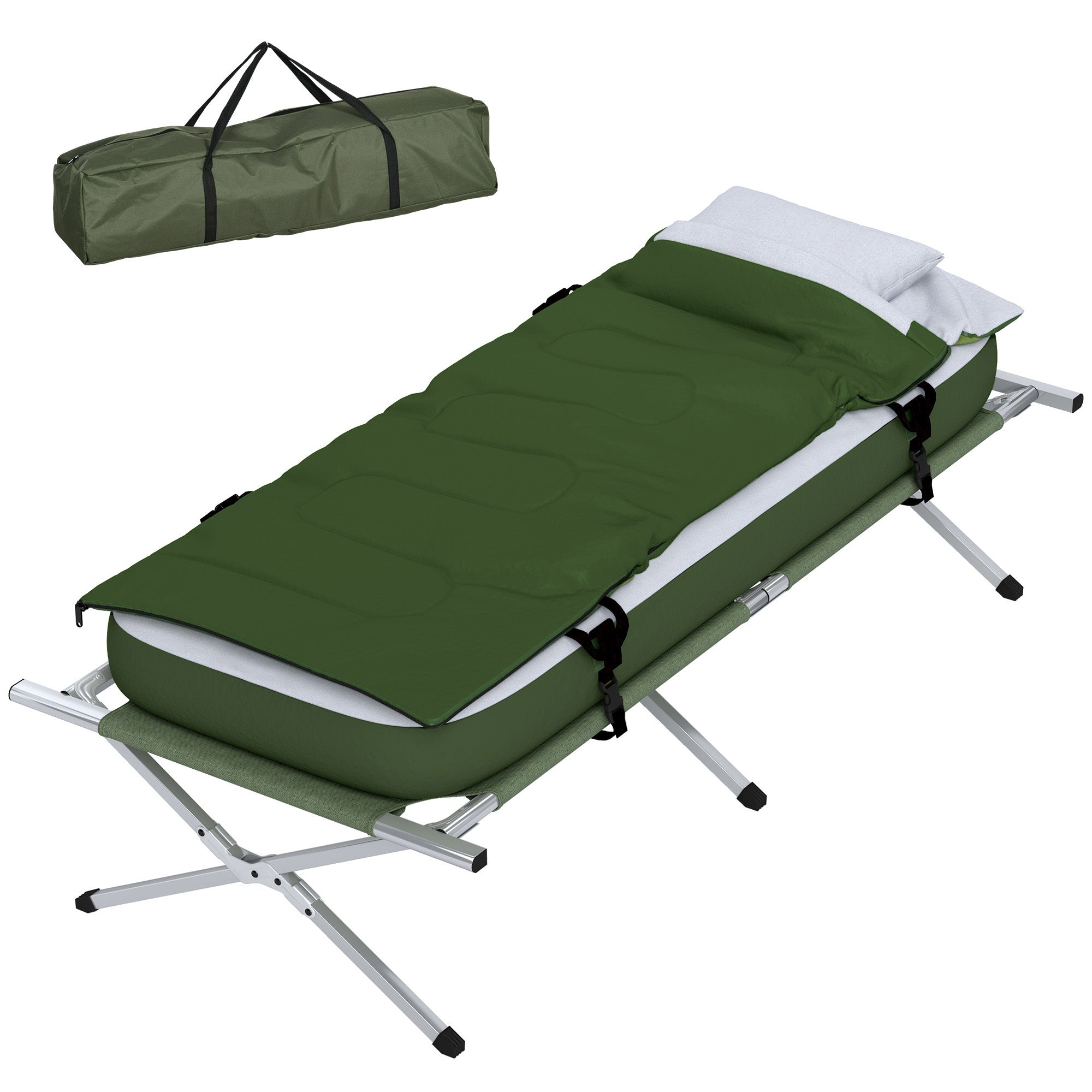 Outsunny Campingbett Feldbett, 5-teiliges-Set, inkl. Transporttasche, 193 x 86 x 43/63 cm, Grün