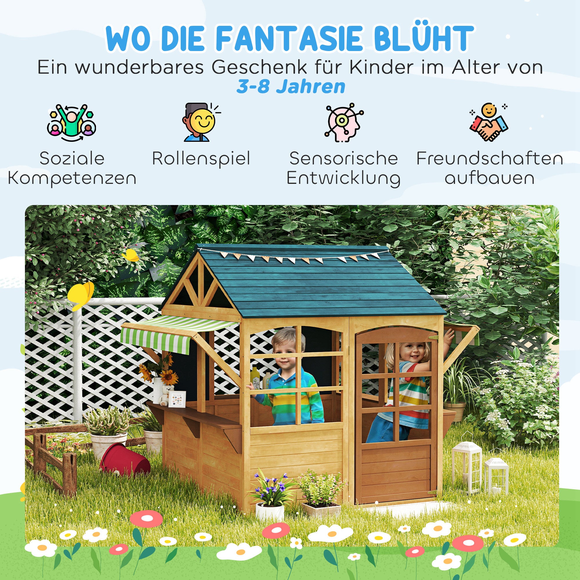 AIYAPLAY Kinderspielhaus aus Tannenholz, Faltbares Häuschen mit Fenstern, Tür, für Kinder im Alter von 3-8 Jahren, Braun+Blau