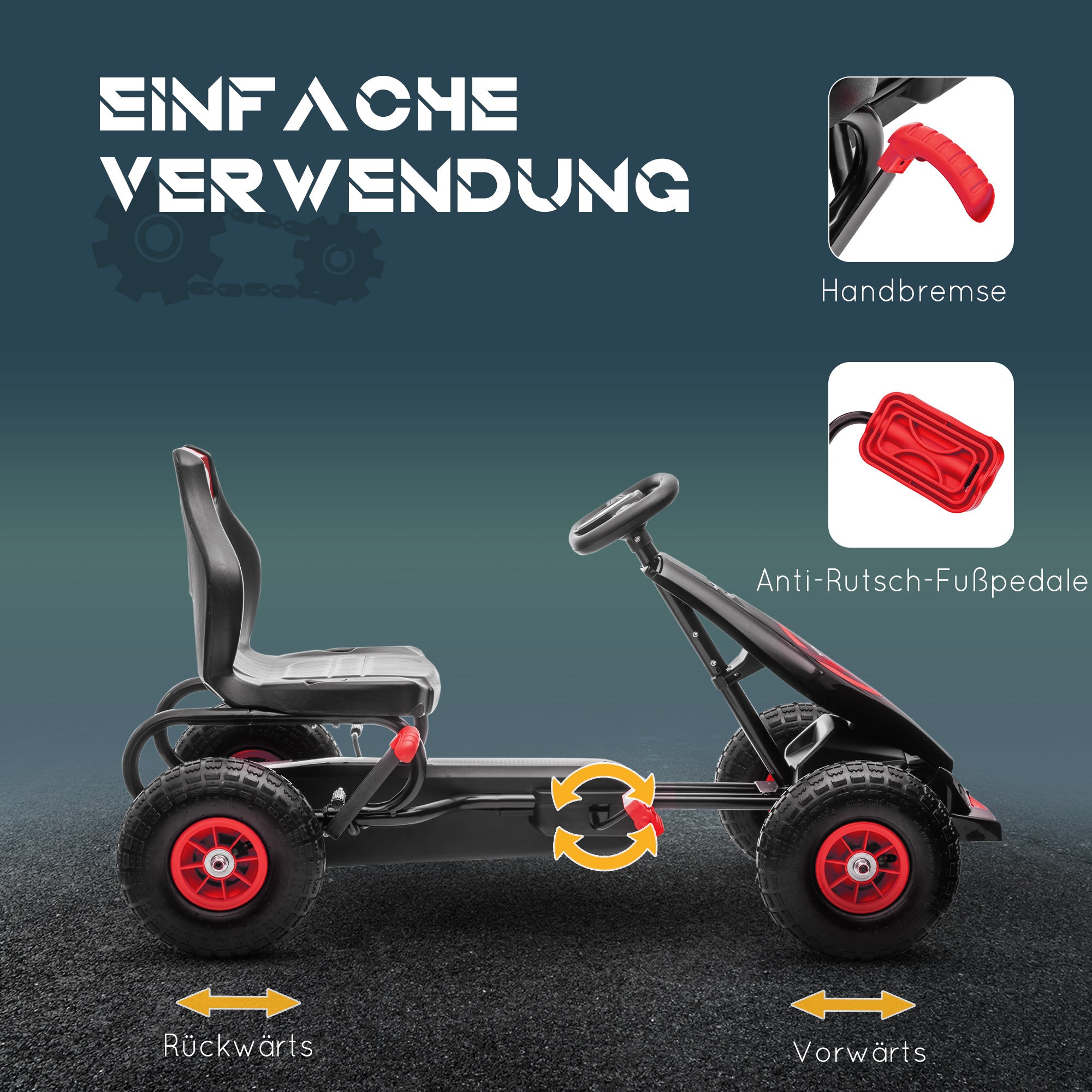 HOMCOM Kinder-Gokart, mit Pedalen, verstellbarem Sitz, In- und Outdoor, ab 5 Jahren, Rot+schwarz, 121 x 58 x 61 cm