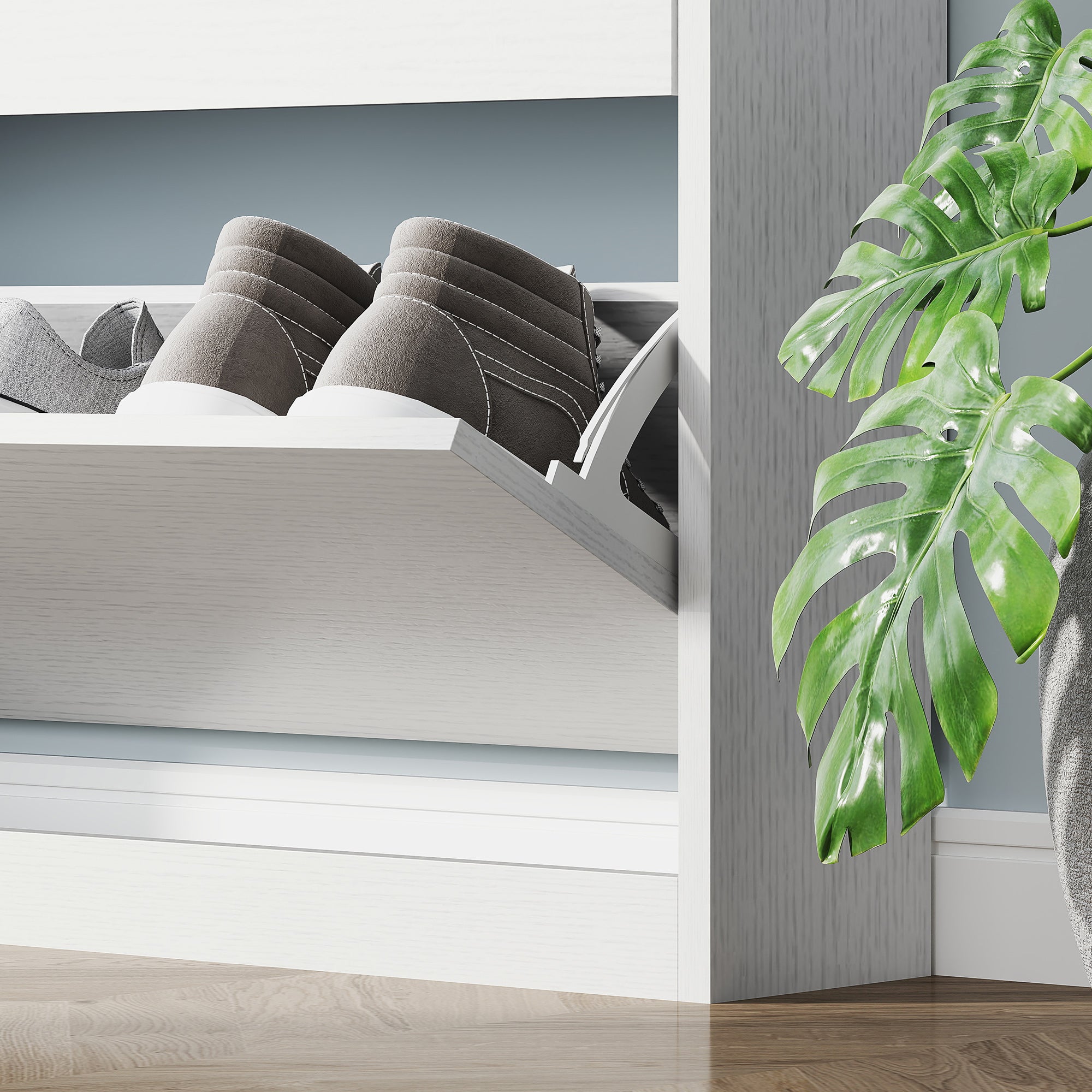 HOMCOM Schuhschrank mit 3 Klappschubladen, für bis zu 12 Paar Schuhe, Spanplatte, 80 x 17 x 108 cm, Weiß