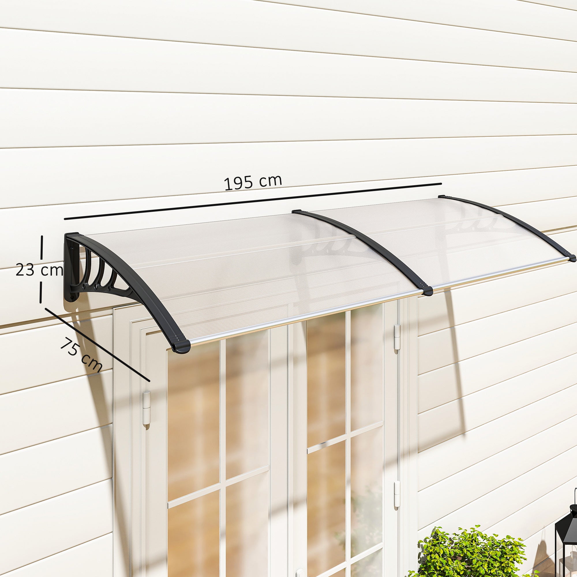 Outsunny Pultvordach Vordach für Haustür 75x195x23 cm Überdachung 5mm Polycarbonat Sonnenschutz Regenschutz für draußen Alu Transparent