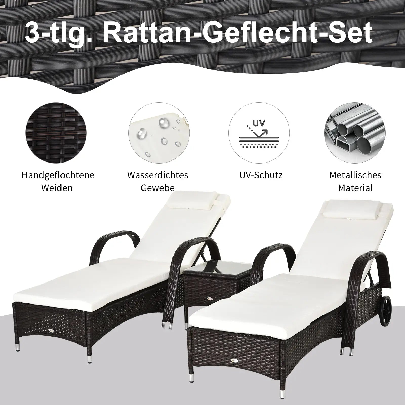 Outsunny Sonnenliegen-Set mit Rollen & Tisch Polyrattan Braun-Cremeweiß