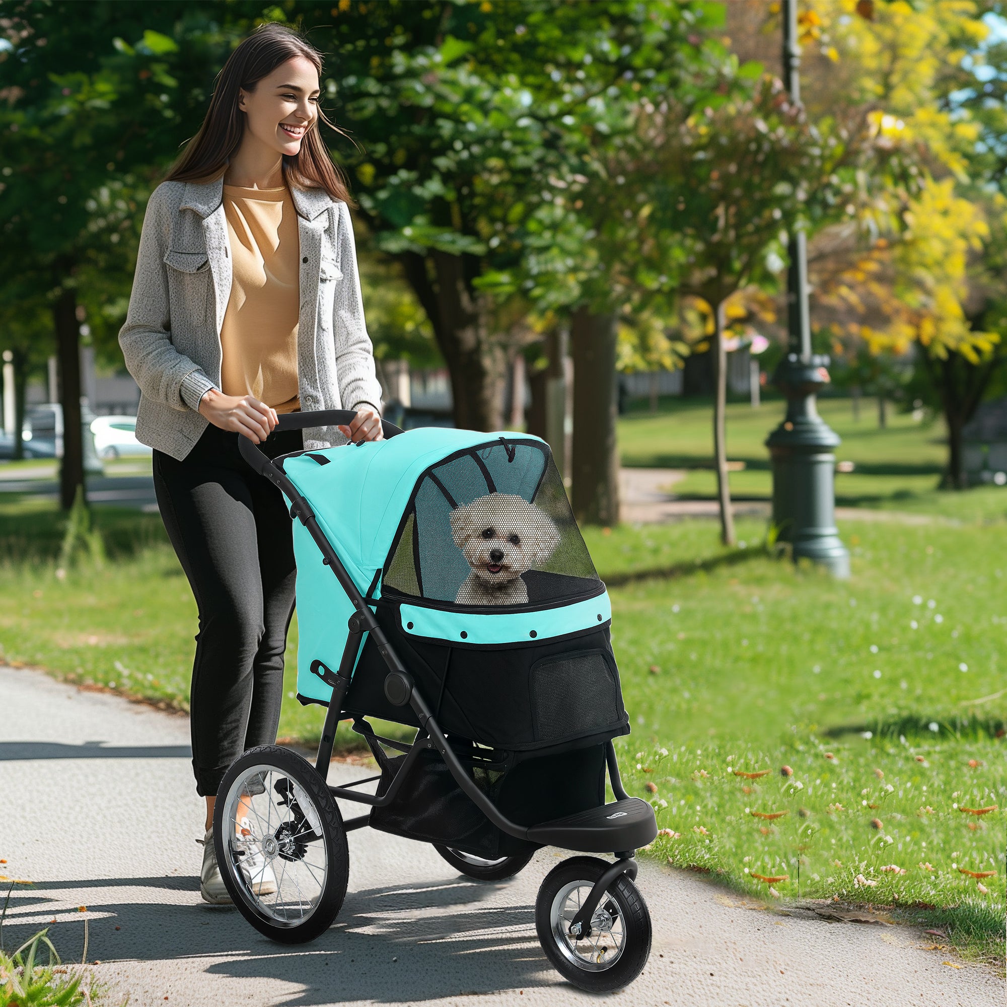 PawHut Hundebuggy, Haustierwagen für kleine Hunde und Katzen, mit Aufbewahrungskorb, Ein-Klick-Faltdesign, Türkis