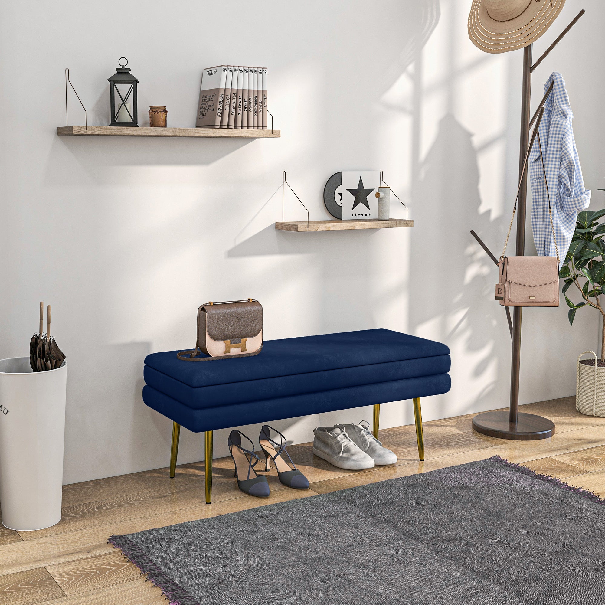 HOMCOM Sitzbank Polsterbank, mit Stauraum, Stahl, 100 cm x 37,5 cm x 42 cm, Blau