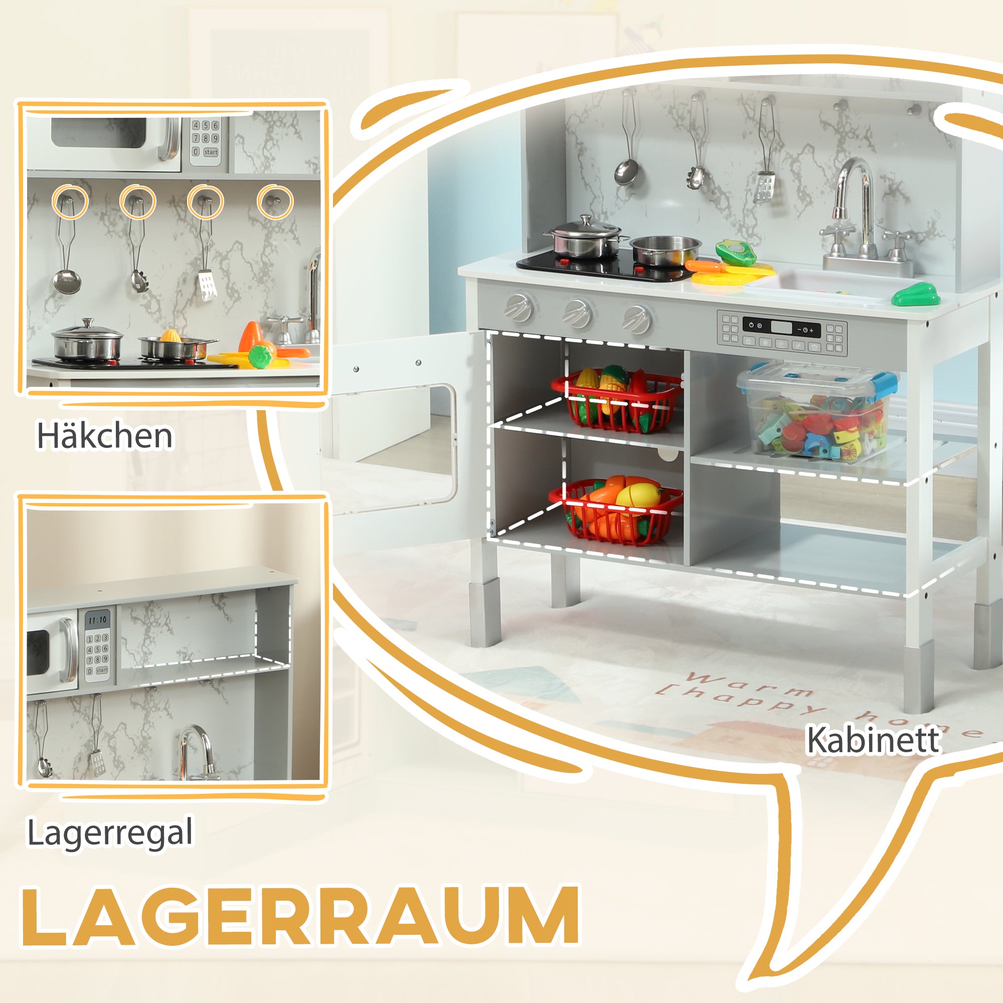 AIYAPLAY Spielküche mit Herd, Mikrowelle, viel Zubehör, höhenverstellbar, 70,1 x 28 x 90,2/96,1 cm, Weiß