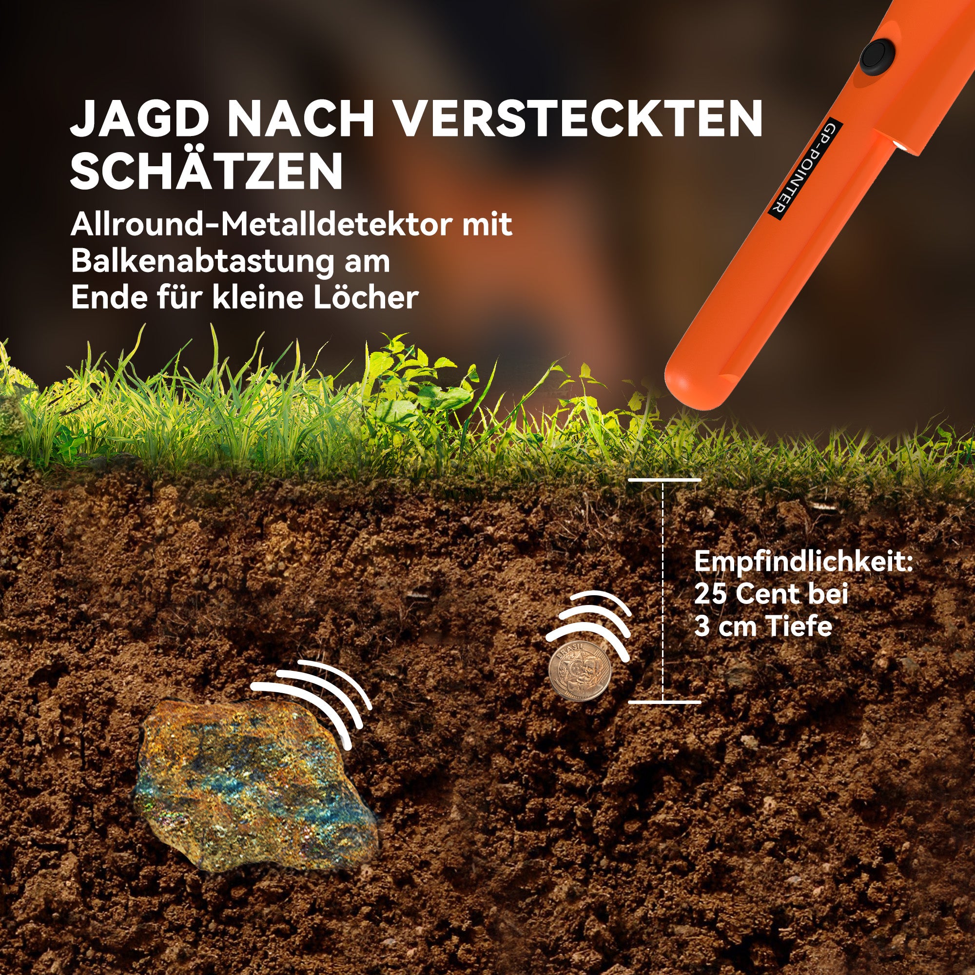 Outsunny Metalldetektor für Erwachsene, Tragbar Ortungsgerät mit LED Indicator, Wasserdicht Schnurlos Metallsuchgerät Orange