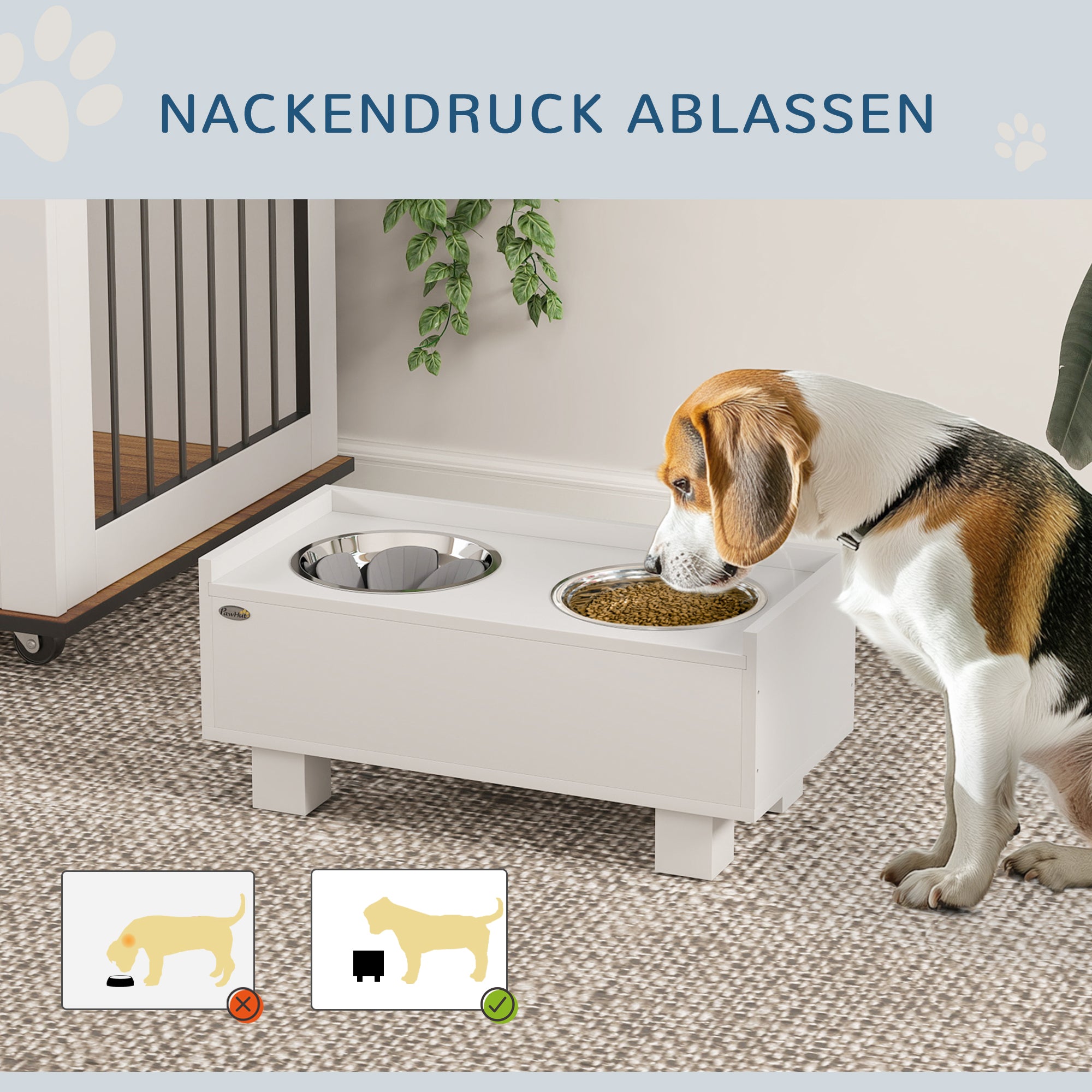 PawHut Erhöhte Fütterungsstation für Hunde, mit abnehmbarer Slow-Feeder-Matte, 2 Aluminiumschüsseln, Stauraum, Weiß