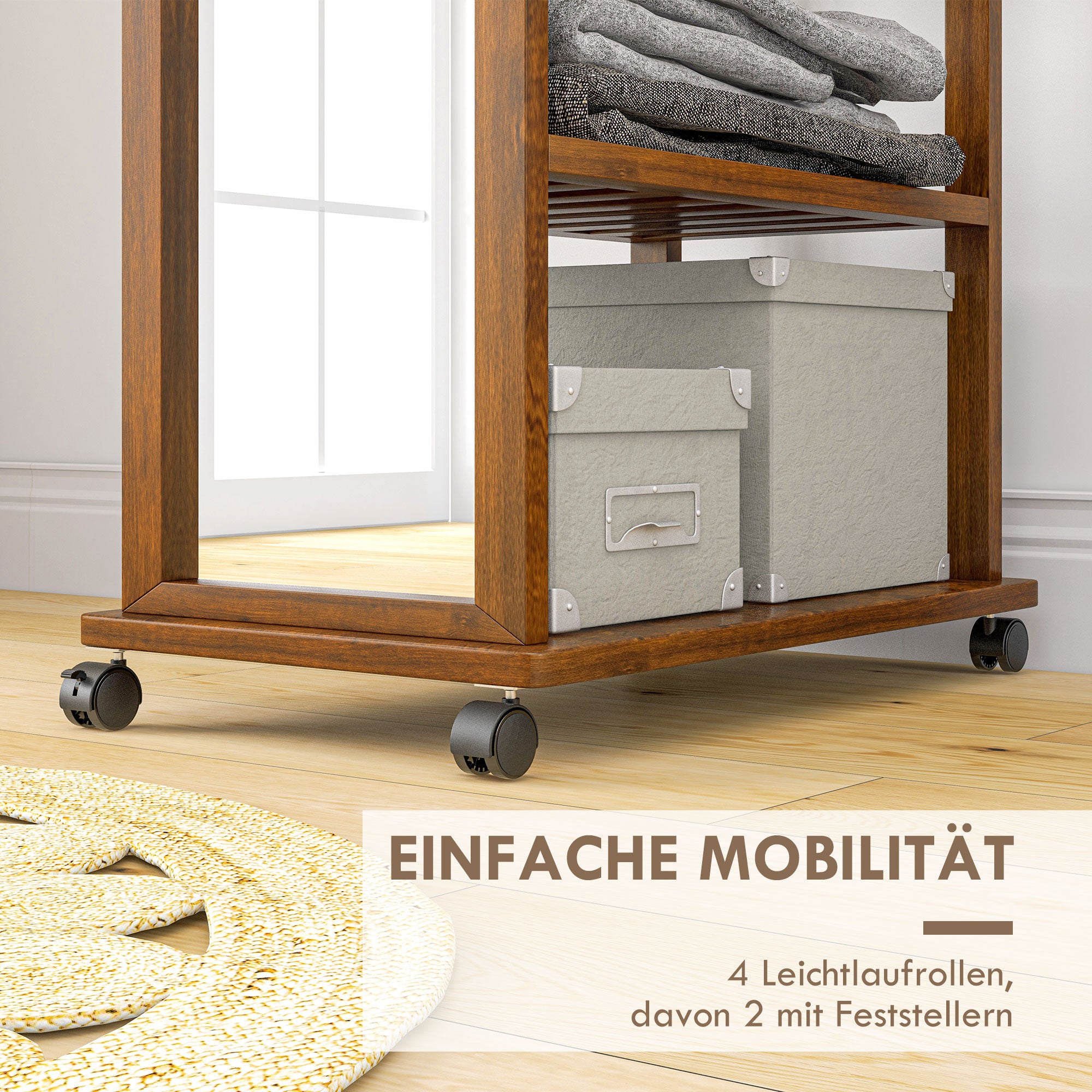 HOMCOM 2-in-1-Spiegel Spiegel Ganzkörperspiegel Garderobe, 1 Kleiderstange, 3 Regale, 35,8 x 59,8 x 170 cm, Natur