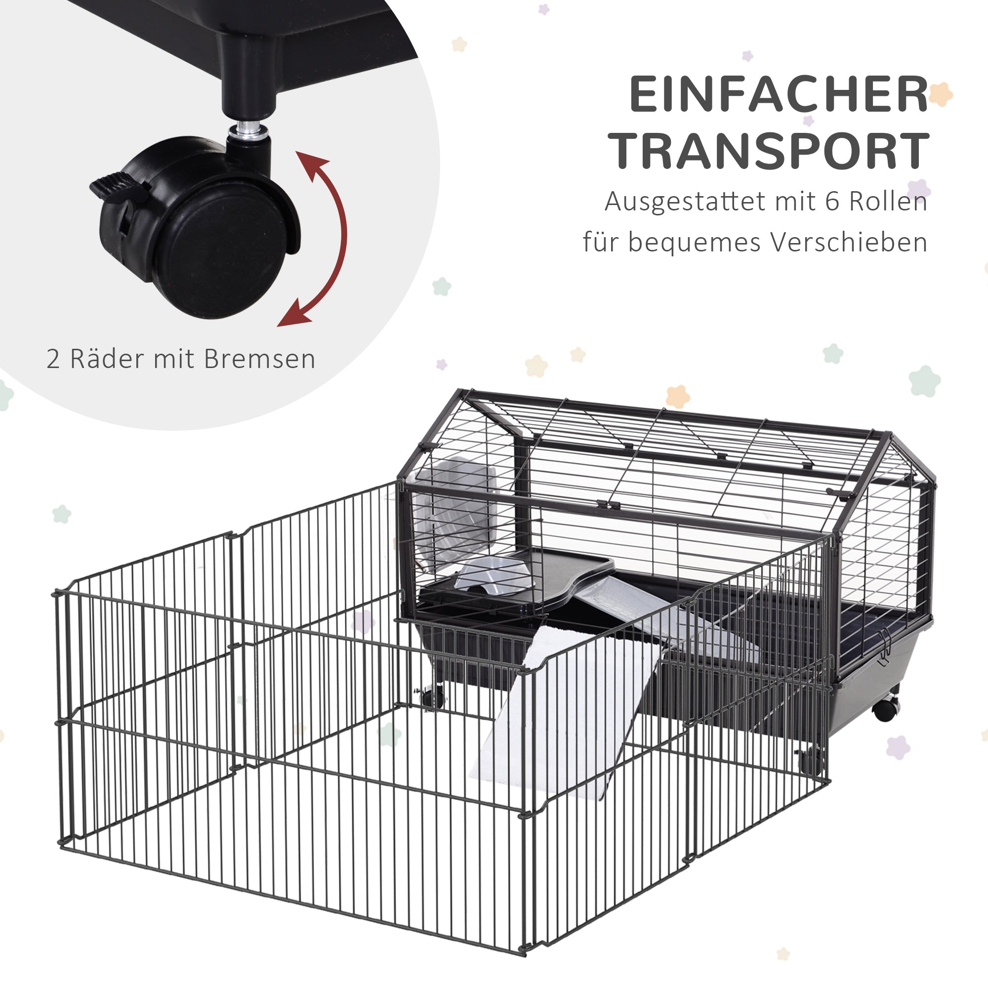 Pawhut Kleintierkäfig mit Freigehege inkl. Zubehör 88 cm x 128,5 cm x 56 cm 4 Rollen Schwarz Metall Polypropylen