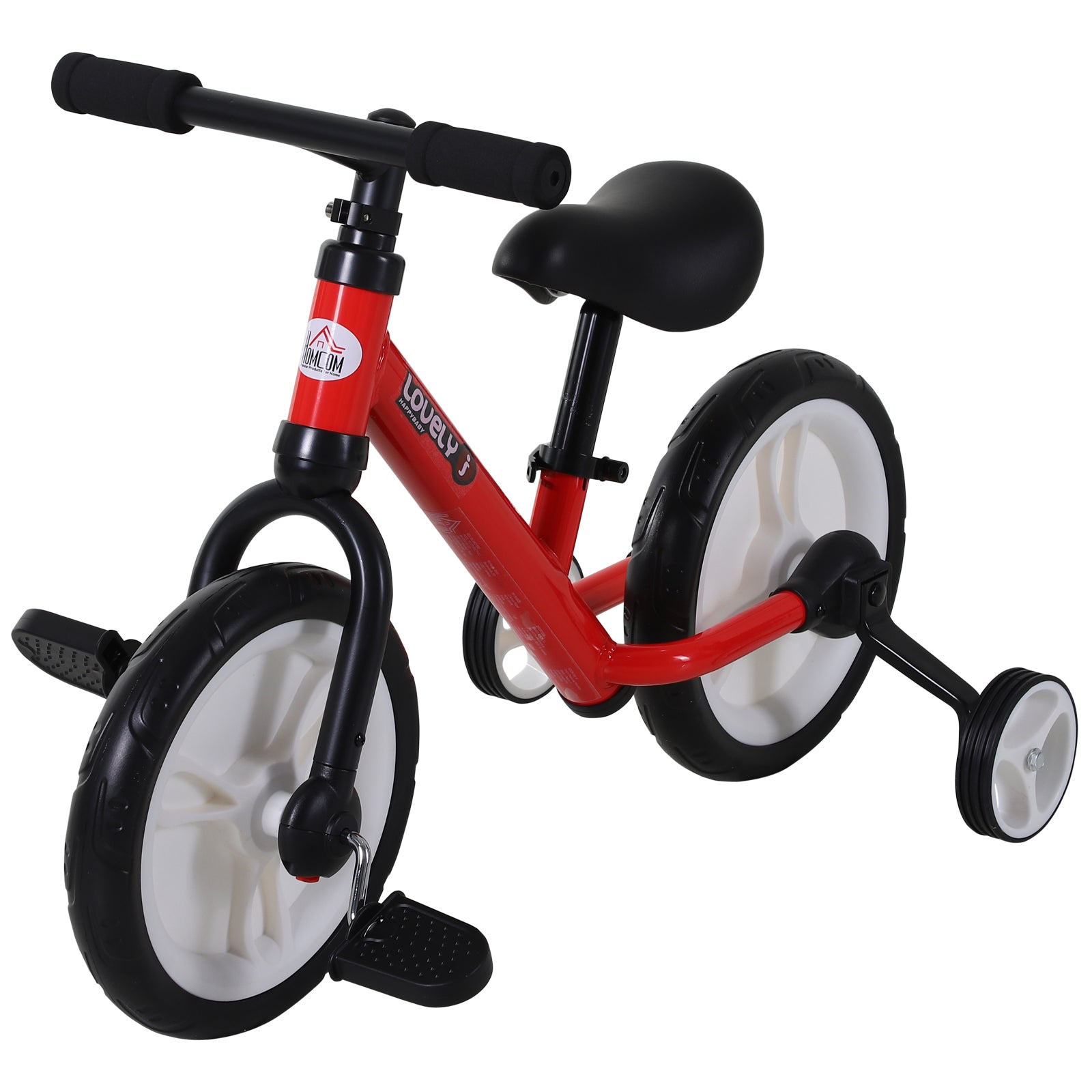 HOMCOM Kinder Laufrad, Lauflernrad, Kinderfahrrad, 2-in-1, Kinderrad mit Stützrädern und Pedalen, 2-5 Jahre, Sitzhöhenverstellbar, PP, Rot, 85 x B36 x H54 cm