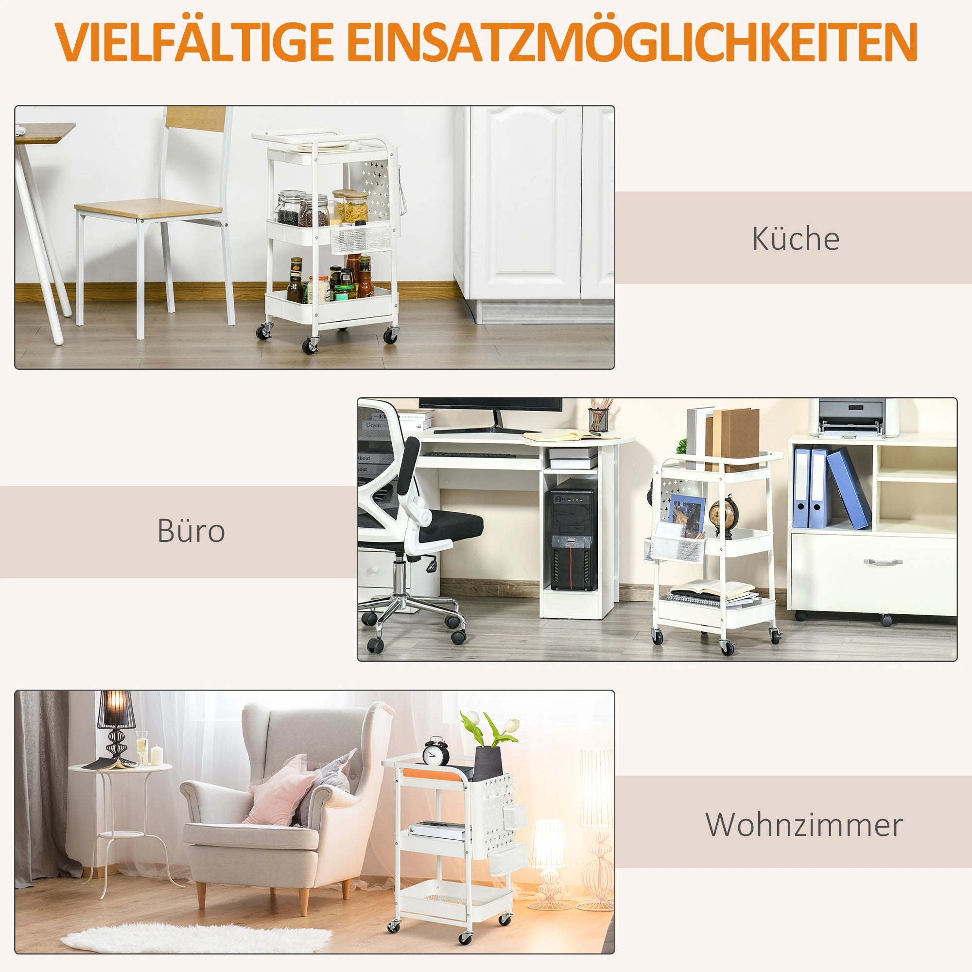 HOMCOM Küchentrolley mit Lochtafel, Handtuchhaltern und Aufbewahrungskörben, 51,5 cm x 32 cm x75,6 cm, Weiß