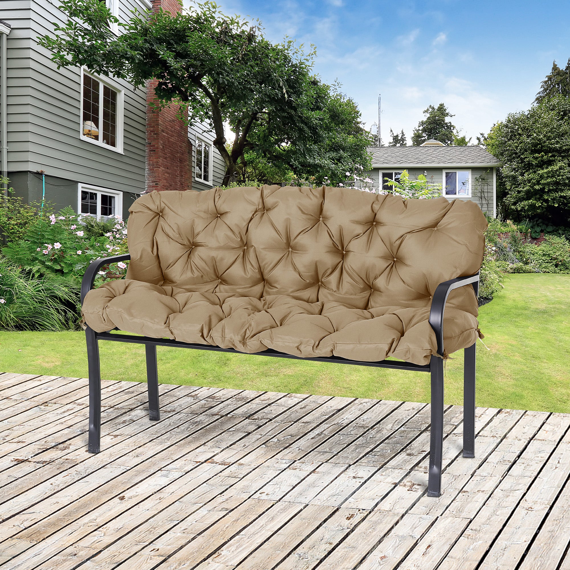Outsunny 3 Sitzer Bankauflage 150x98x8 cm Bankkissen mit Bändern, Bankpolster für Gartenmöbel Hollywoodschaukel, Khaki