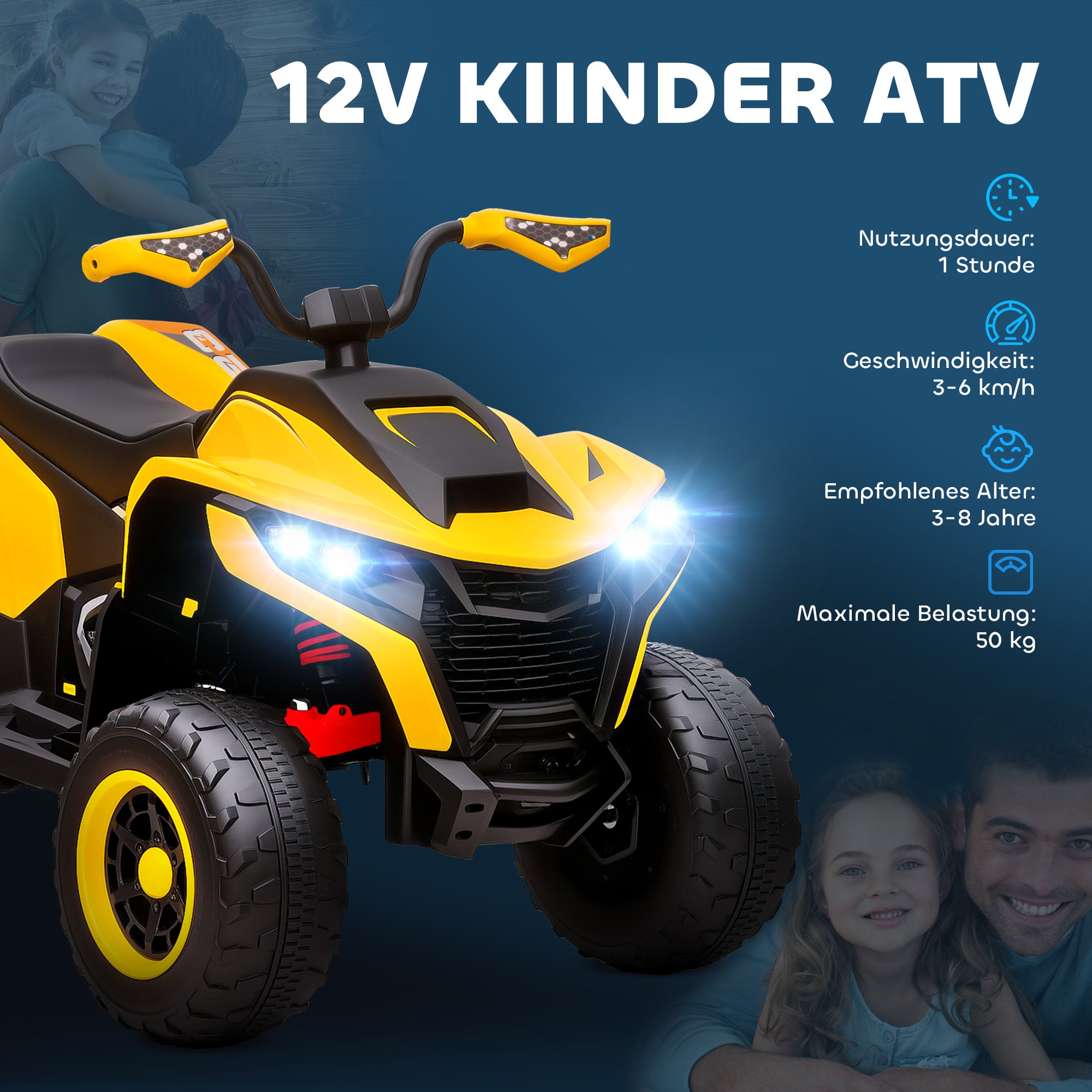 AIYAPLAY Elektroquad für Kinder, 3-6 km/h, LED-Scheinwerfer, Musik, USB, für 3-8 Jahre, Gelb