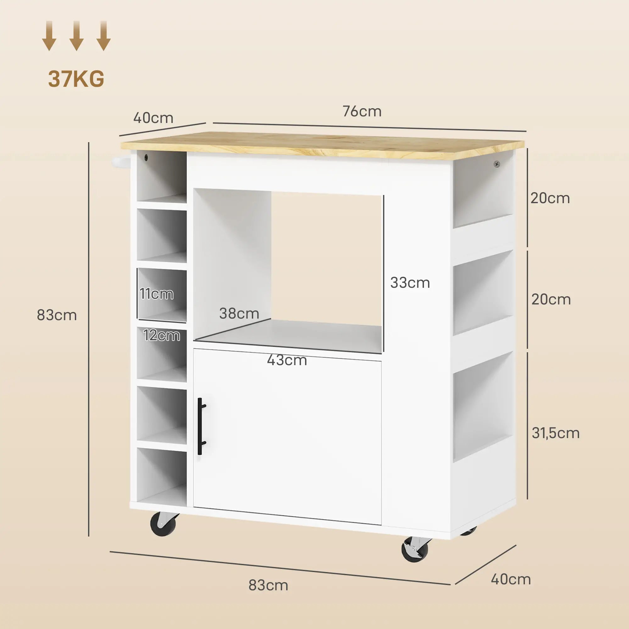 HOMCOM Küchenwagen, Rollbare Kücheninsel, Küchen-Trolley mit Fächern, Weinregalen, Schrank und Arbeitsfläche, Weiß