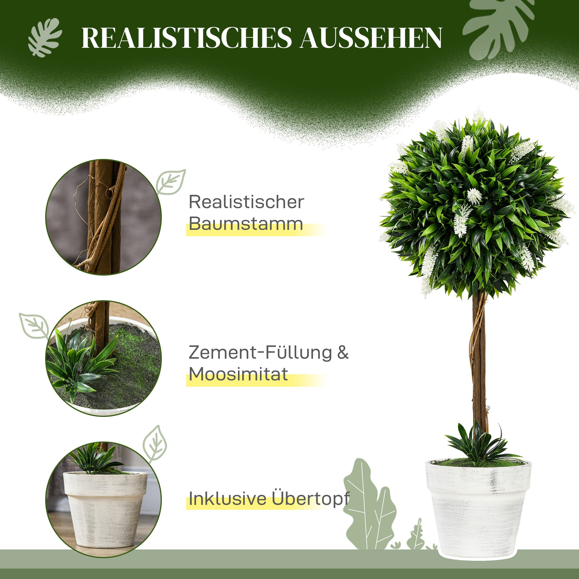 HOMCOM 2er-Set Lavendel Kunstbaum, 60 cm hoch, inkl. Topf und Kunstmoos, Weiß