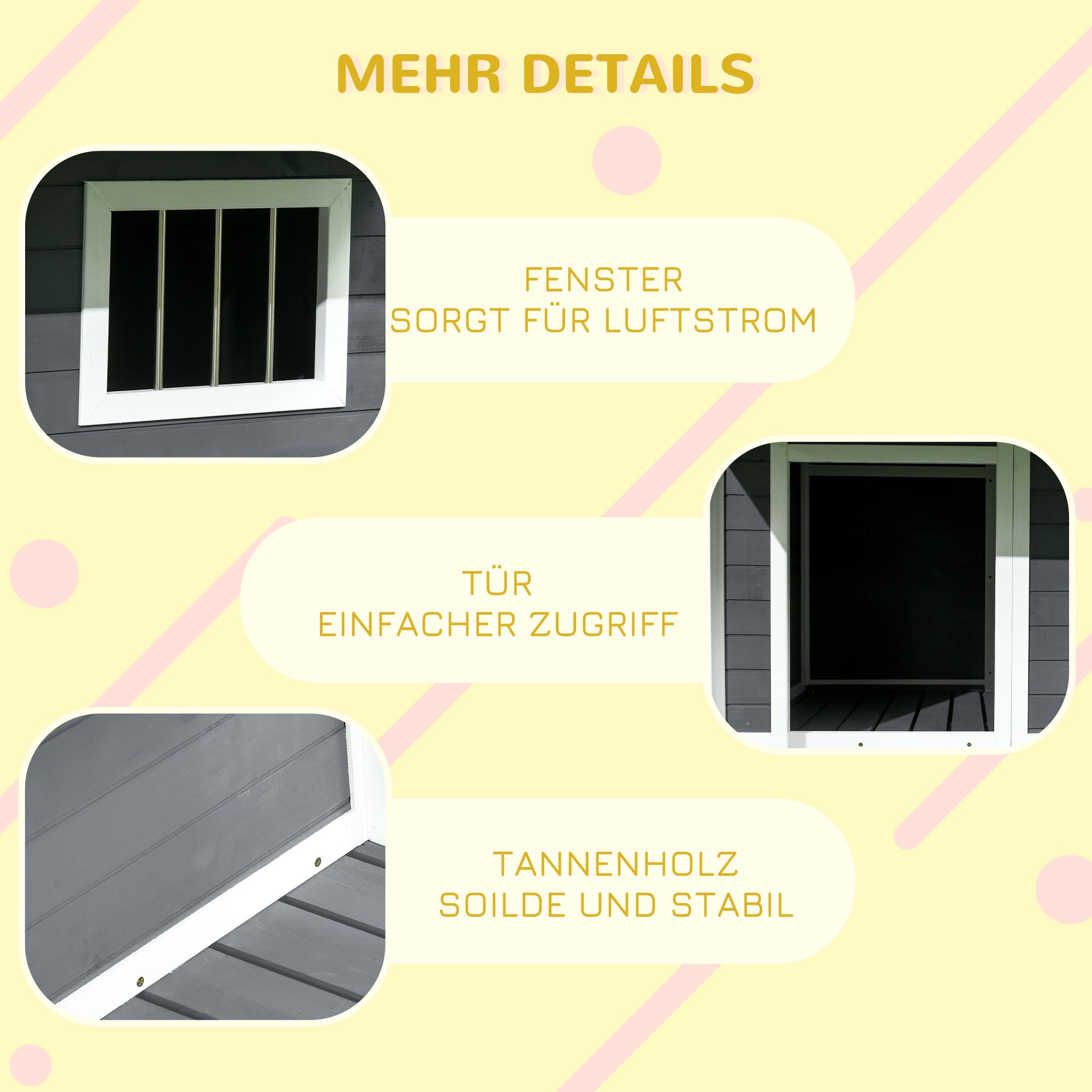 PawHut Hundehütte Outdoor-Hundehütte, inkl. Veranda, wetterbeständig, 124 cm x 112 cm x 105 cm, Grau + Weiß