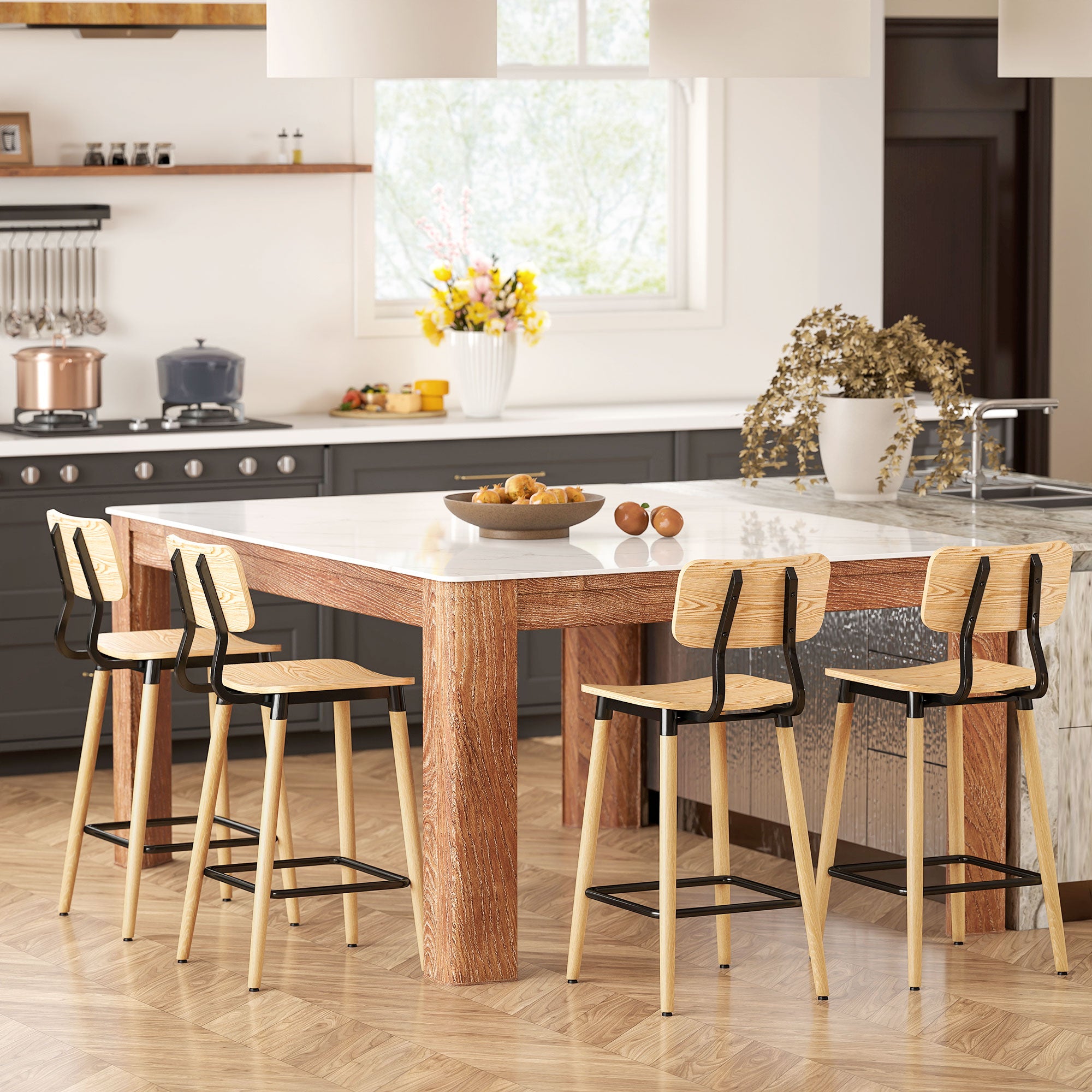 HOMCOM 2er-Set Barhocker mit Rückenlehne, Barstühle für Hausbar, Kücheninsel, Esszimmer, Holz, Metall, Hellbraun