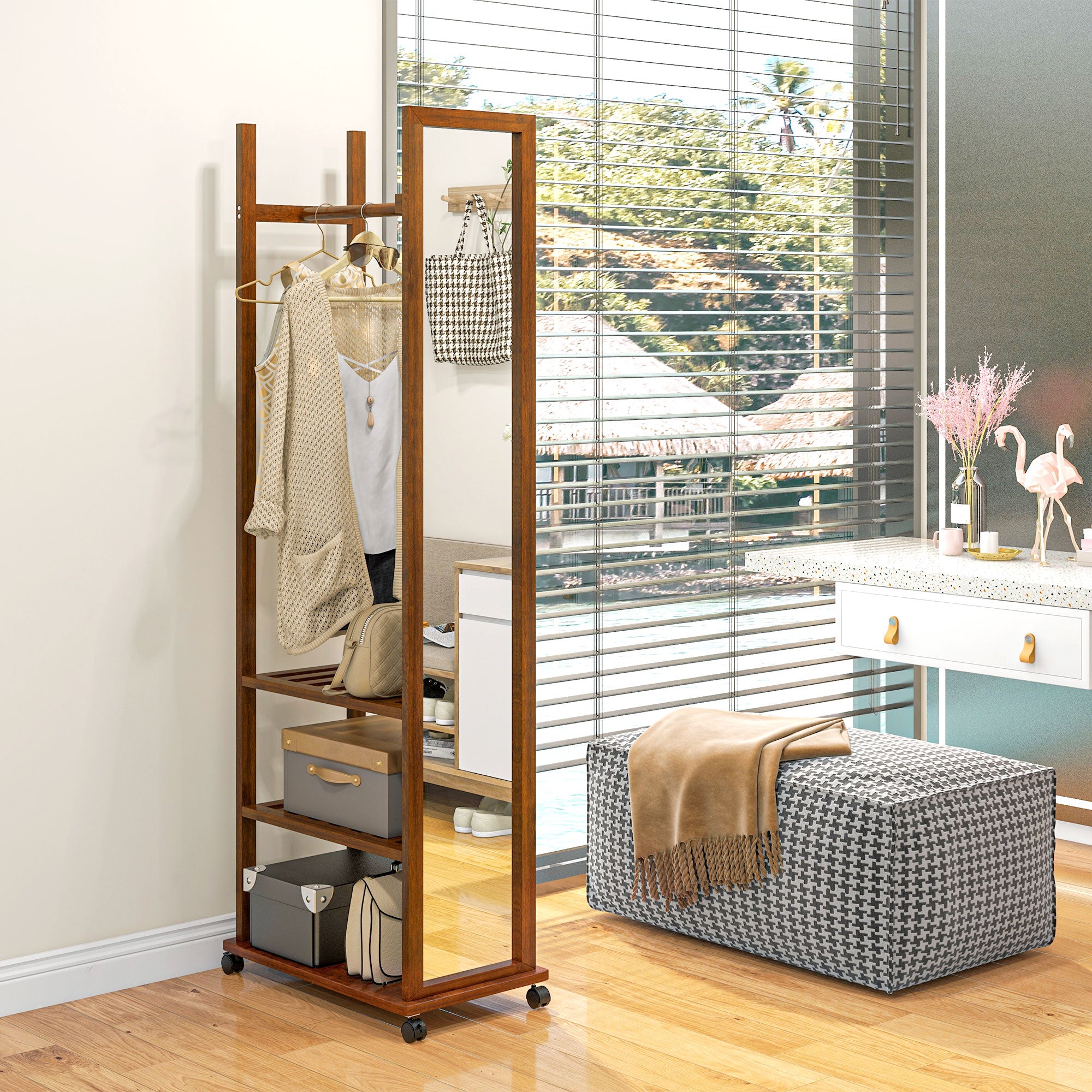 HOMCOM 2-in-1-Spiegel Spiegel Ganzkörperspiegel Garderobe, 1 Kleiderstange, 3 Regale, 35,8 x 59,8 x 170 cm, Natur