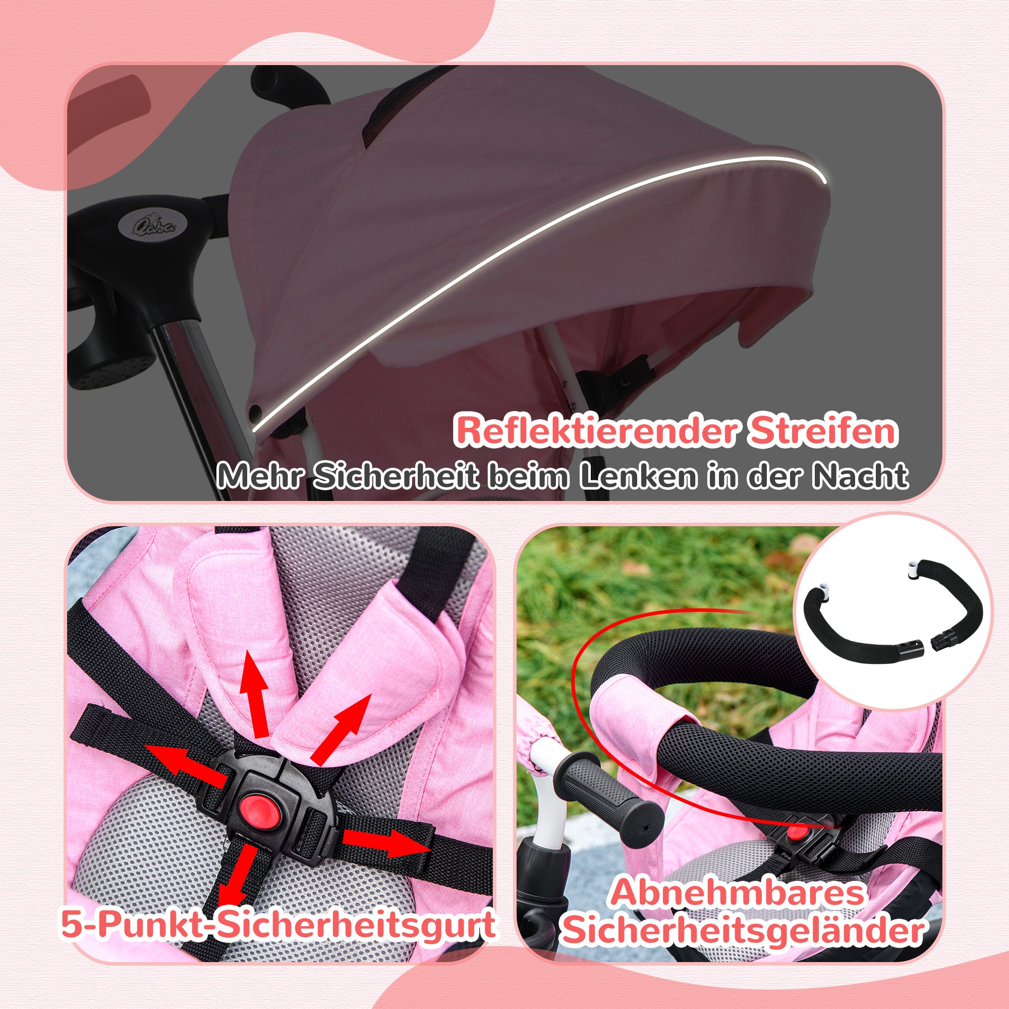 HOMCOM 6-in-1 Kinderdreirad mit Schiebestange, Dach, Gurt, Ablagekorb, 18+ Monate, Rosa