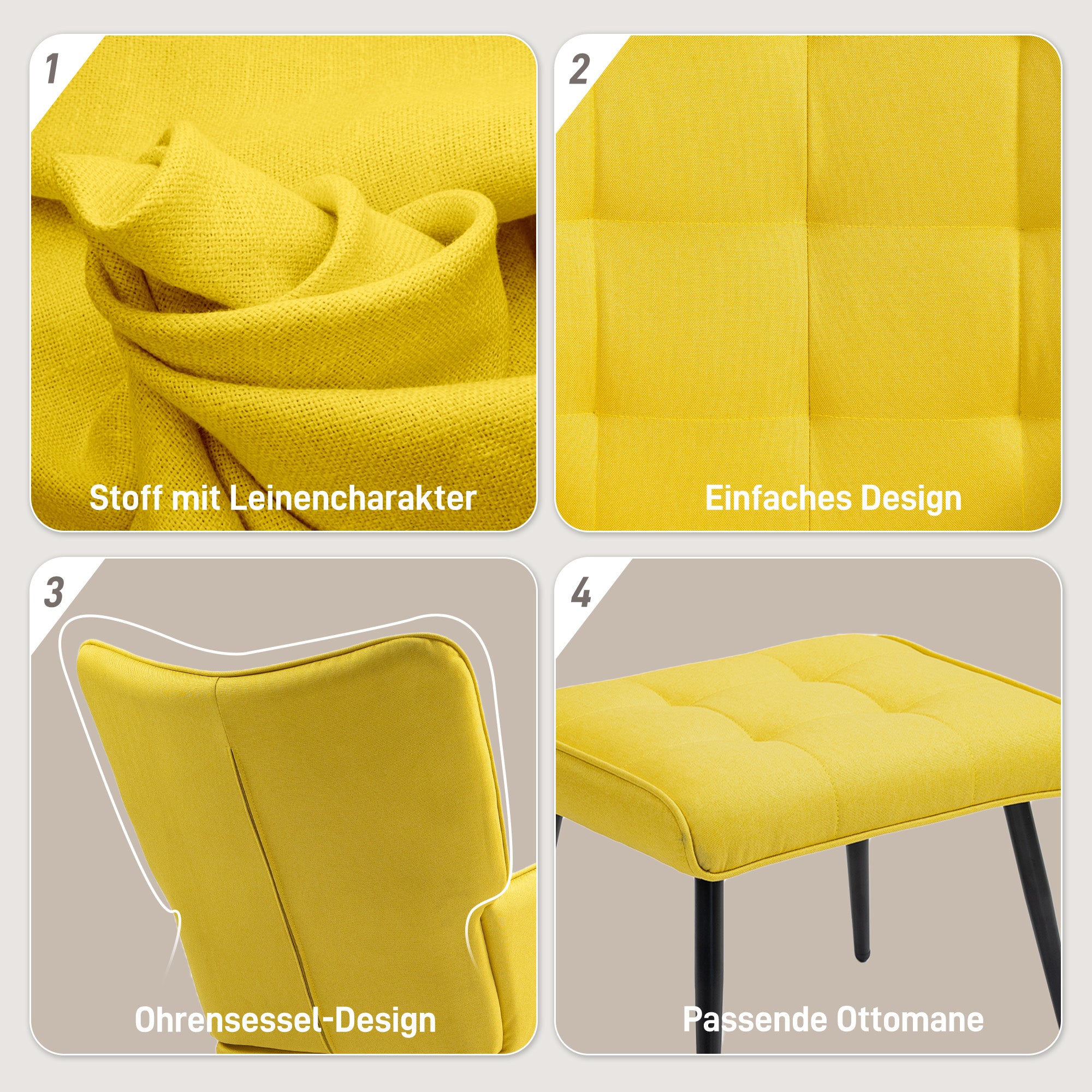 HOMCOM Schaukelstuhl mit Ottomane Skandidesign Schaukelstuhl mit Fußhocker, Buchenholz, Steppung, 64 cm x 89 cm x 90 cm Gelb