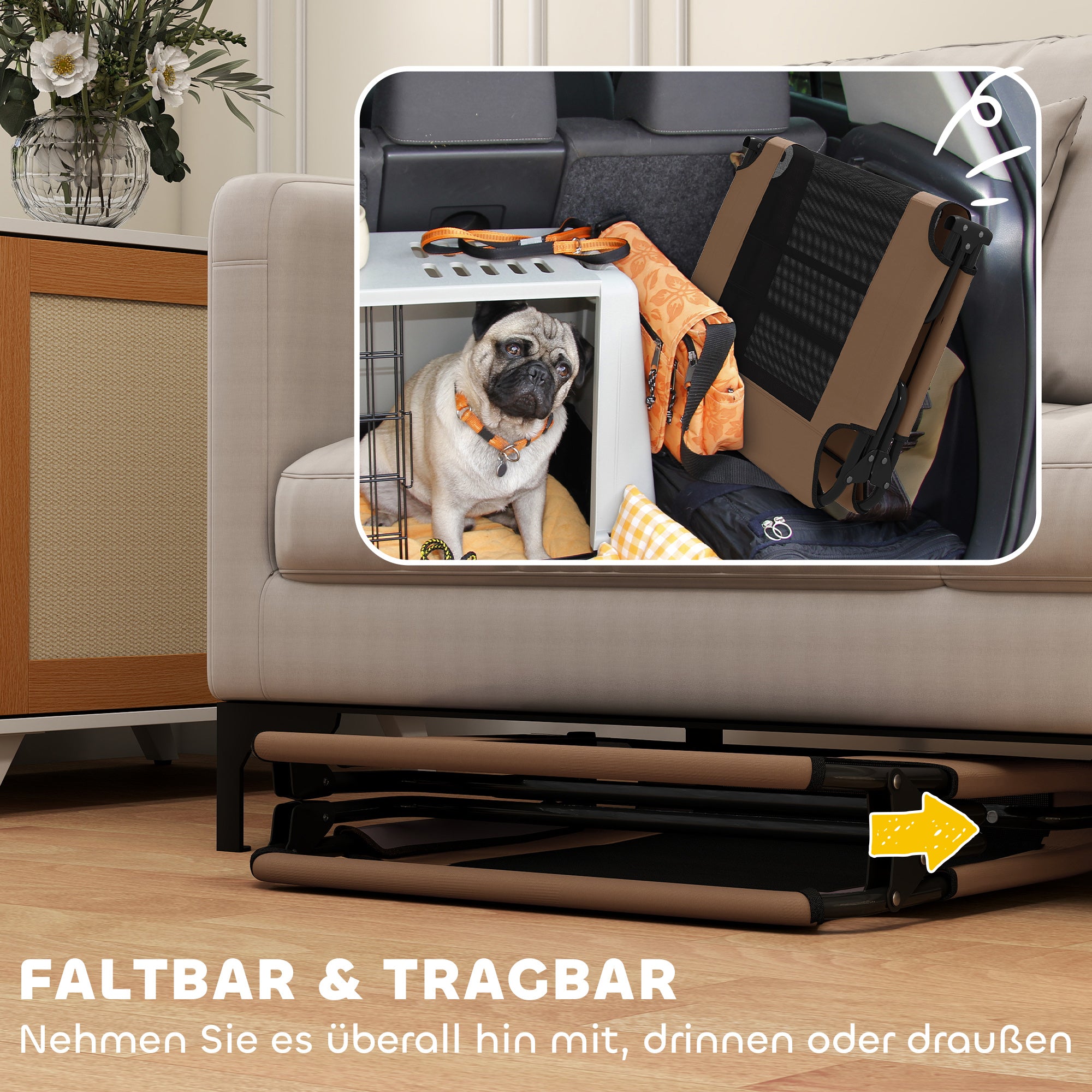 PawHut Tragbares erhöhtes Hundebett, erhöhtes Haustierbett mit atmungsaktivem Netz, für große Hunde, Kaffee