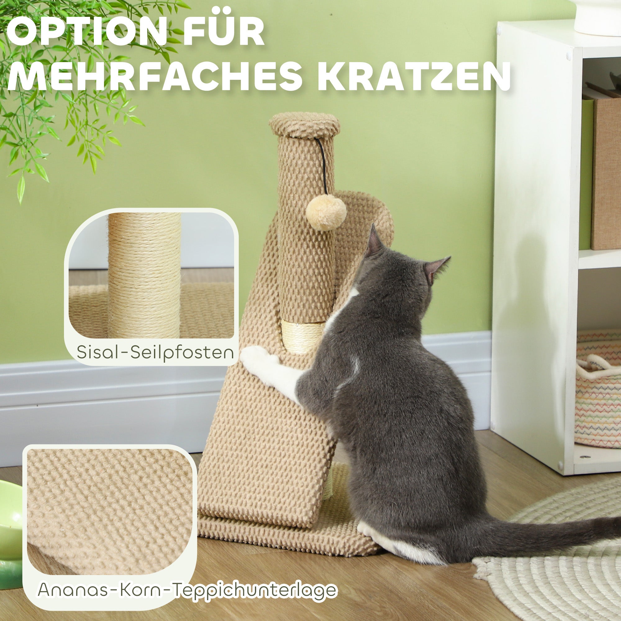 PawHut Kratzbaum mit Kratzbrett, Spielball, Noppenstruktur/Sisal, 54 cm, Hellbraun