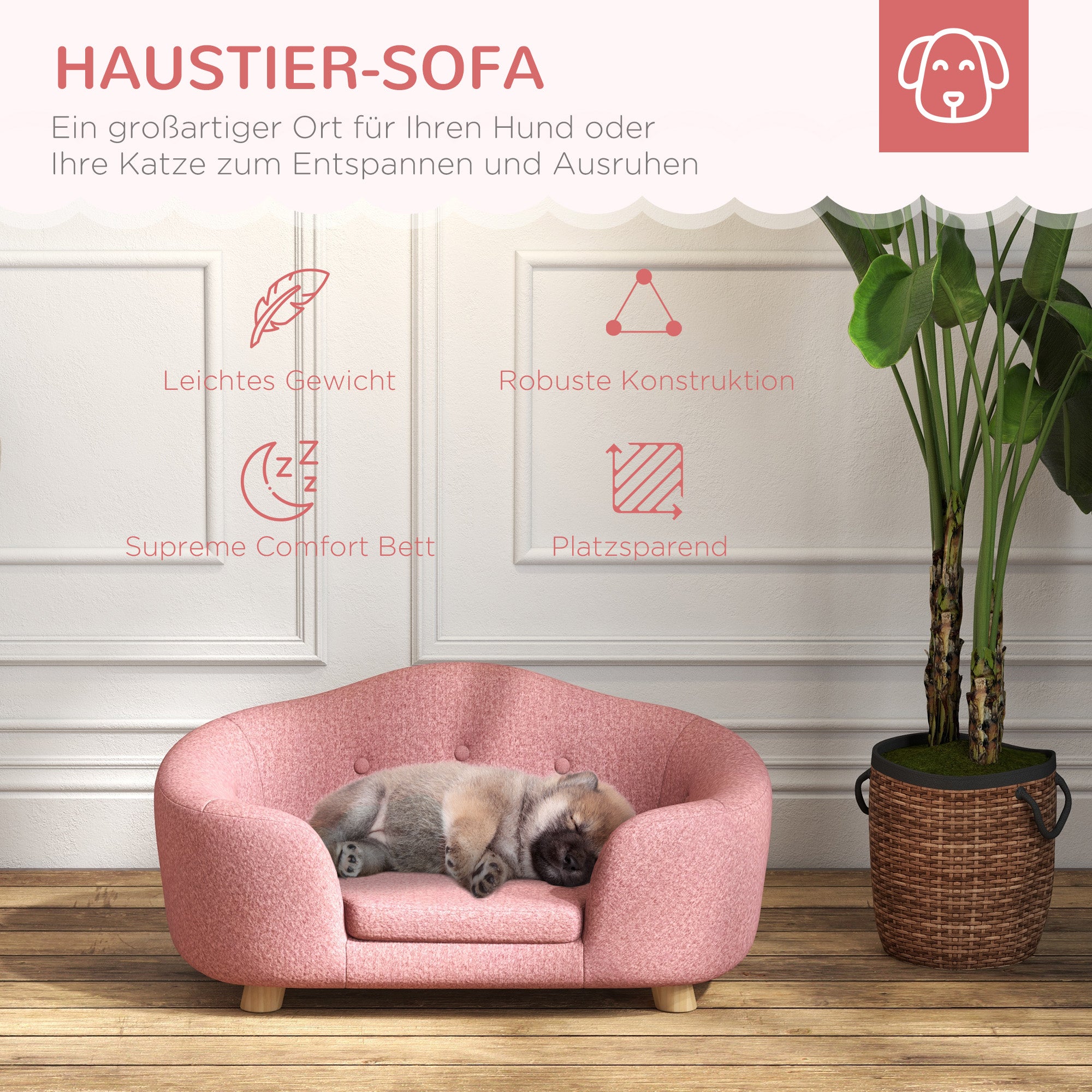 PawHut Haustiersofa Hundematte Hundebett Hundesofa Hundecouch Katzen Sofa mit Kissen Rückentasche Plüsch Schaumstoff Kiefernholz Rosa 70 x 47 x 30 cm