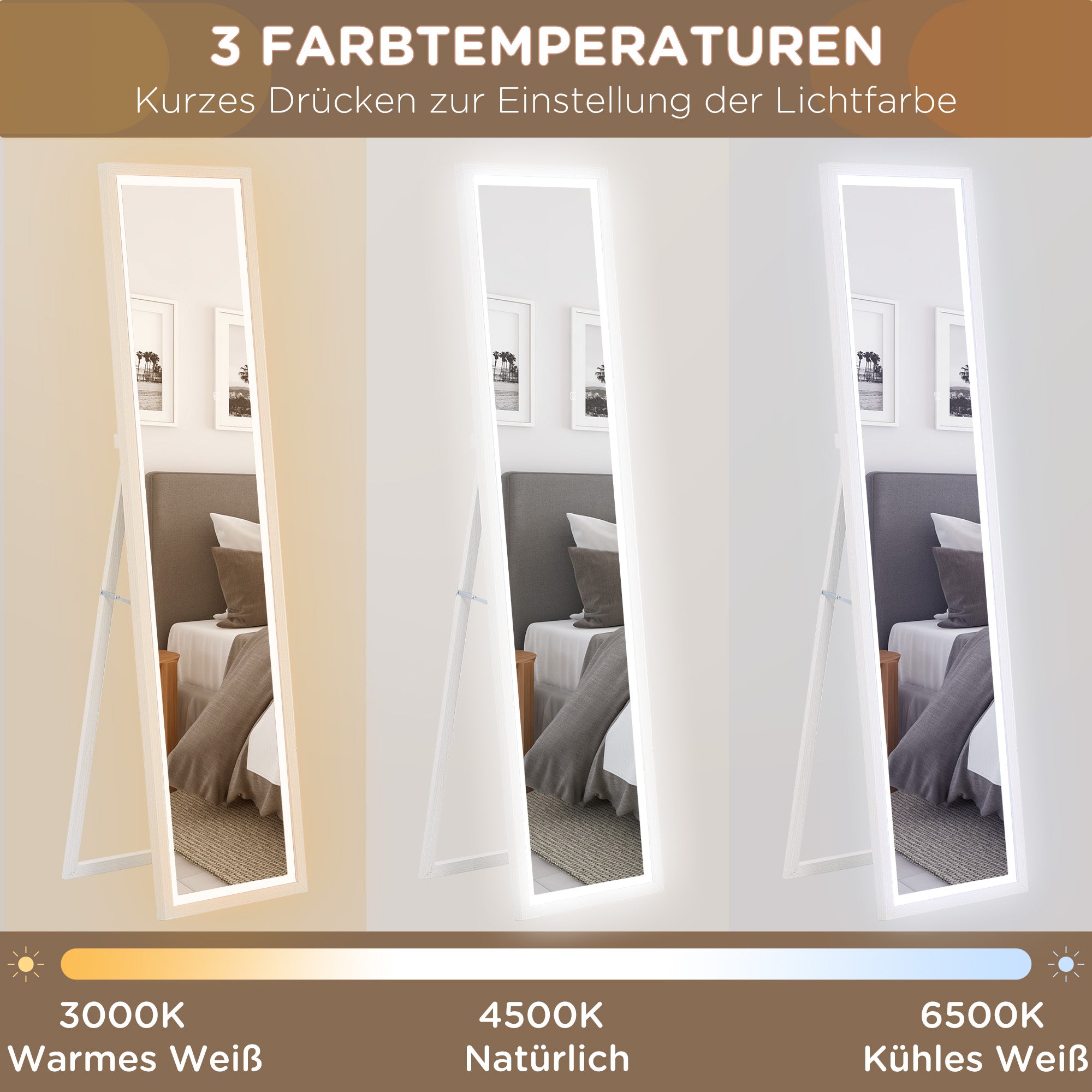 HOMCOM Ganzkörperspiegel, 40x160 cm, LED-Beleuchtung, Touch-Steuerung, dimmbar, 3 Farben, Weiß