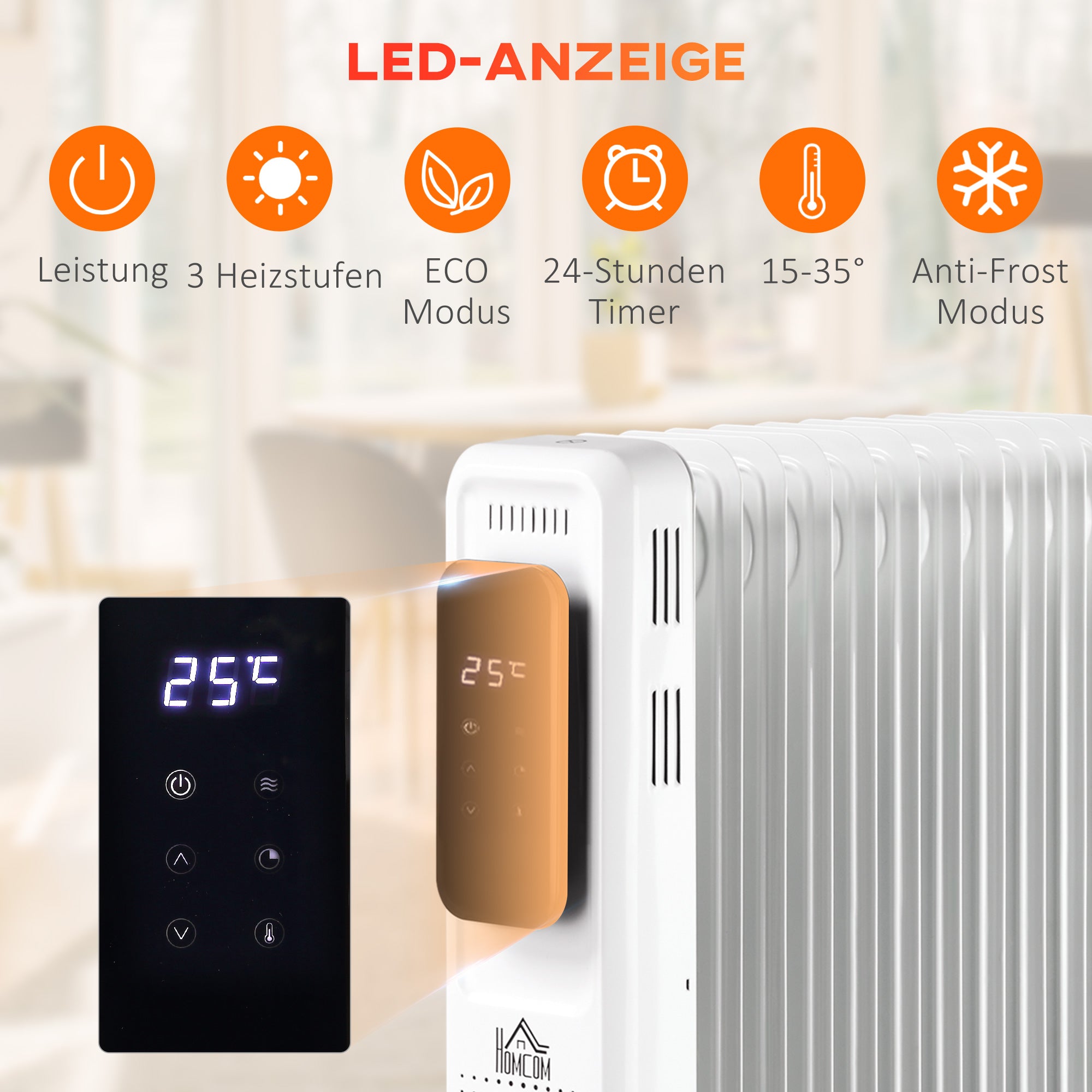 HOMCOM Ölheizung, 3 Heizstufen, Touch-Display, 15-35° C, 2000 W, Stahl, weiß, 42,5 x 24 x 63cm