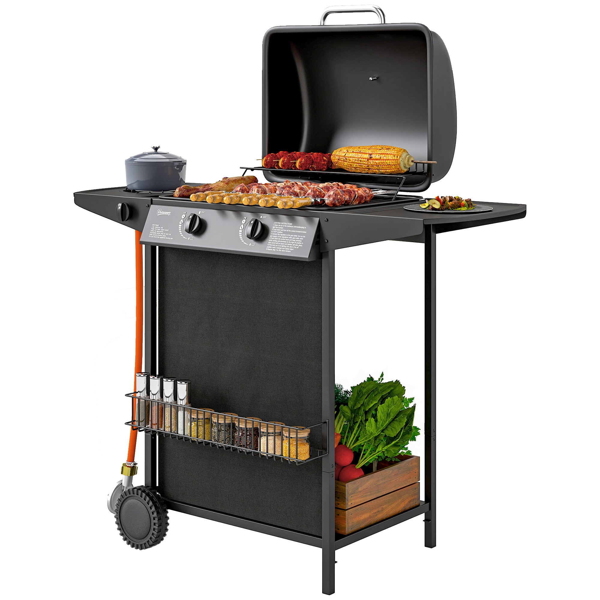 Outsunny Gasgrill 7 KW Grillwagen inkl 3 Brenner Seitenkocher Rolle Deckel 107 x 54 x 96 cm Schwarz