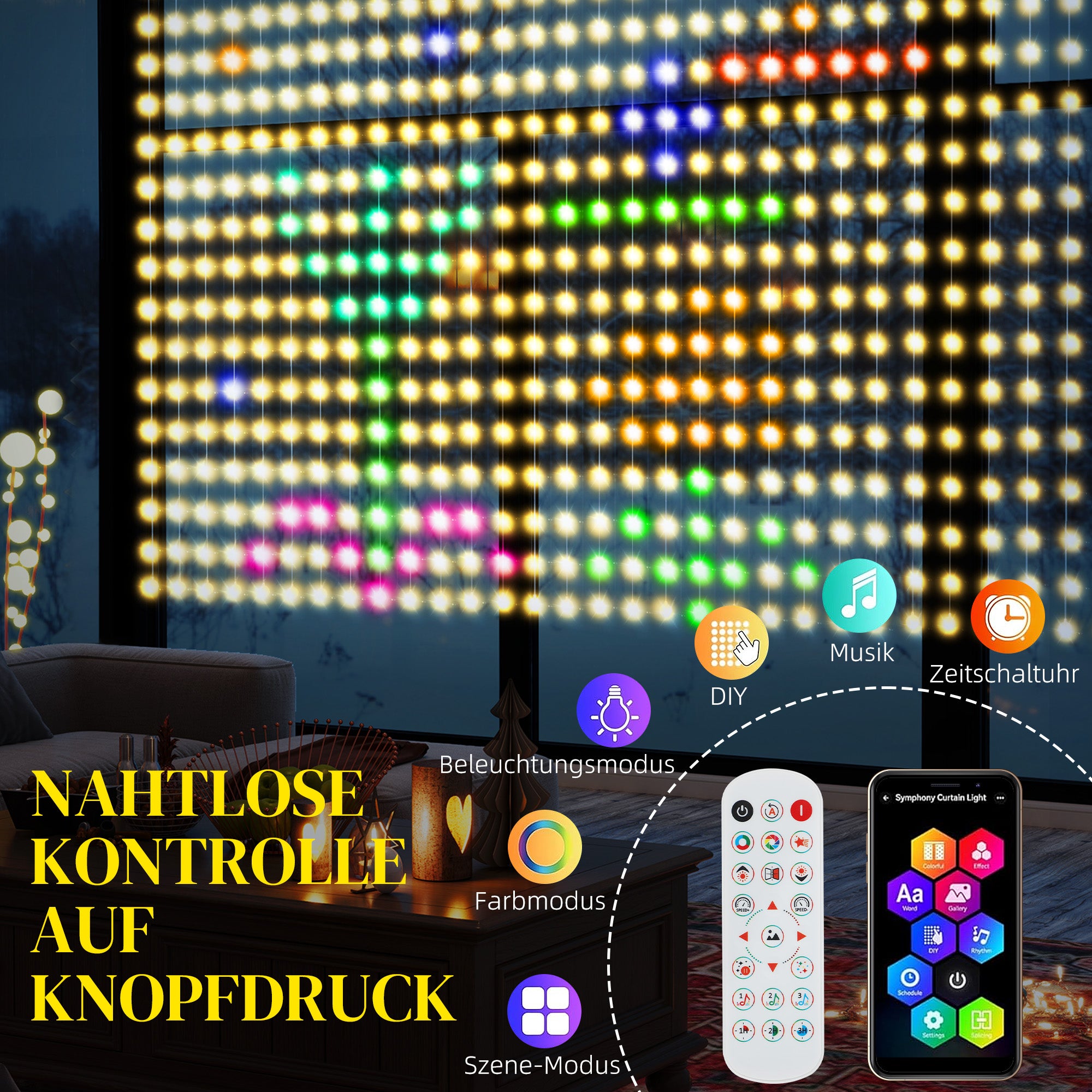 HOMCOM Vorhang mit 400 LED-Lichtern, Dynamische Lichterketten mit Musiksynchronisation für Schlafzimmer, Wohnzimmer, 3 x 3 m