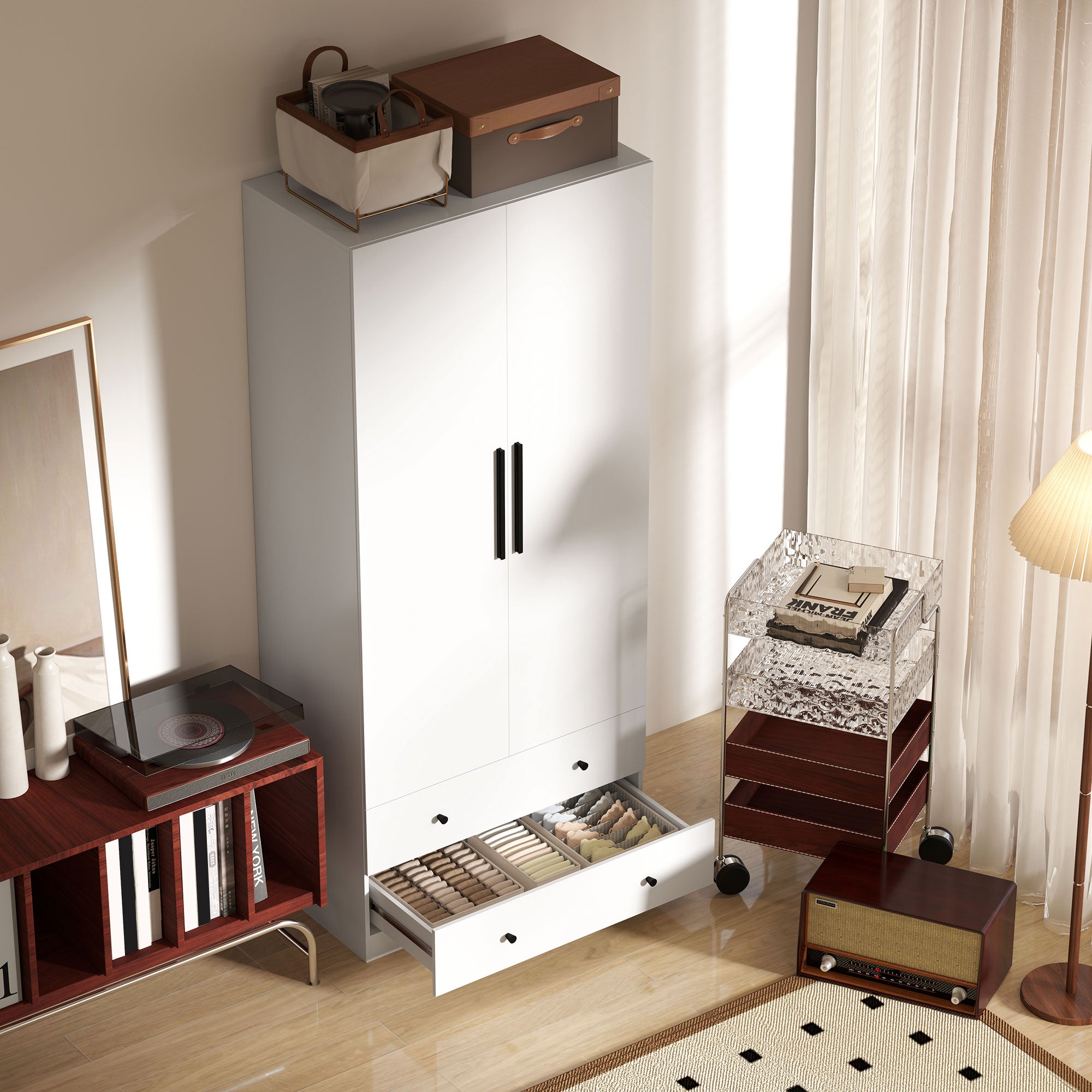 HOMCOM Kleiderschrank, 2 Türen, Hängebereich, Kleiderstange, 2 Schubladen, Spanplatte, Weiß